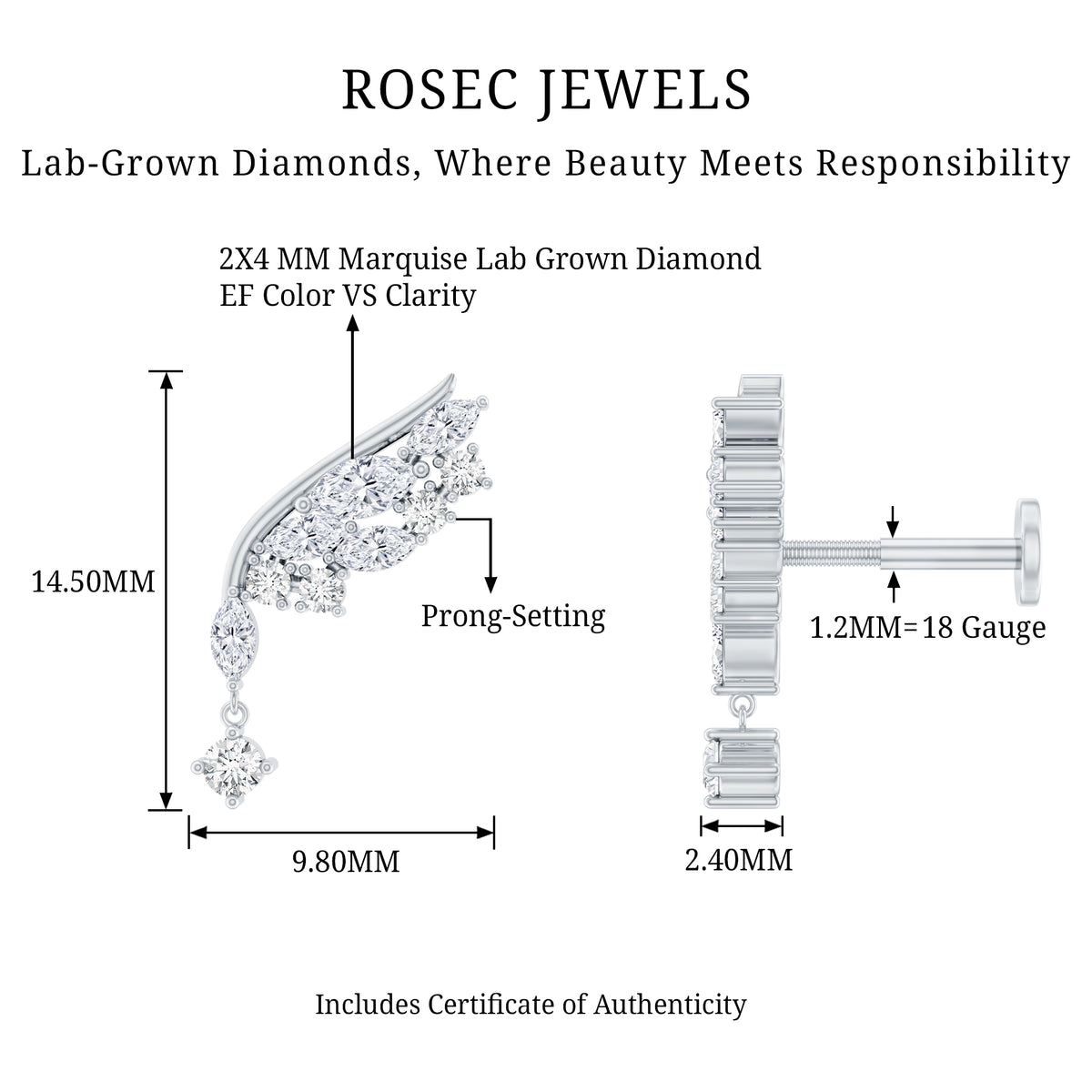 Brilliant Cut Diamond Wing Helix Drop Earring with Flat Back Lab - ( EF-VS ) - Rosec Jewels