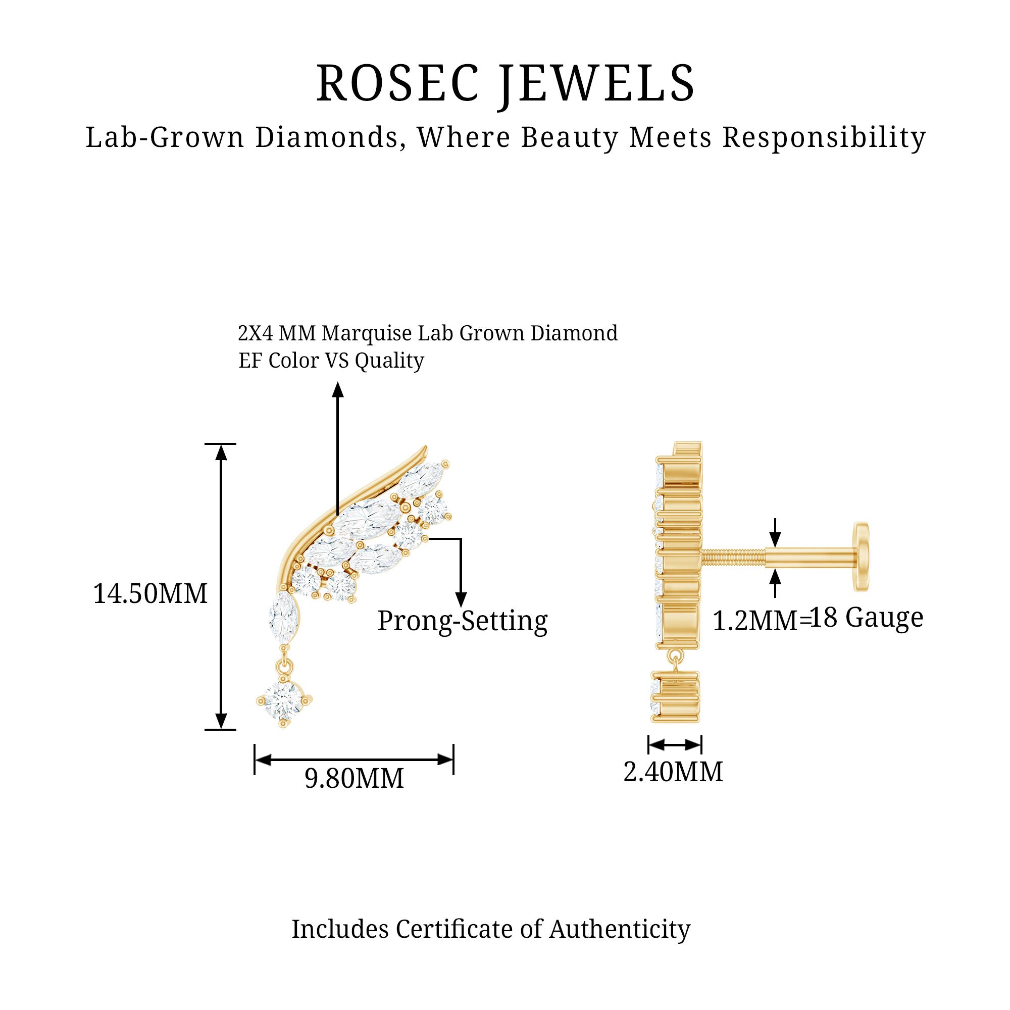 Brilliant Cut Diamond Wing Helix Drop Earring with Flat Back Lab - ( EF-VS ) - Rosec Jewels