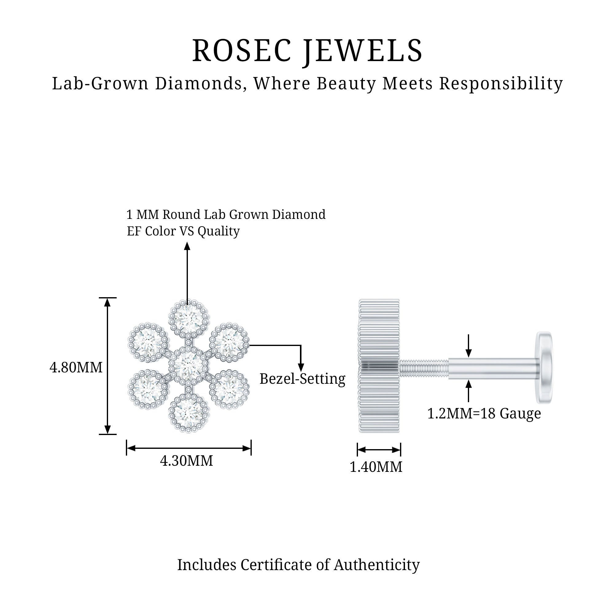 Round Diamond Flower Earring in Beaded Bezel Setting Lab - ( EF-VS ) - Rosec Jewels