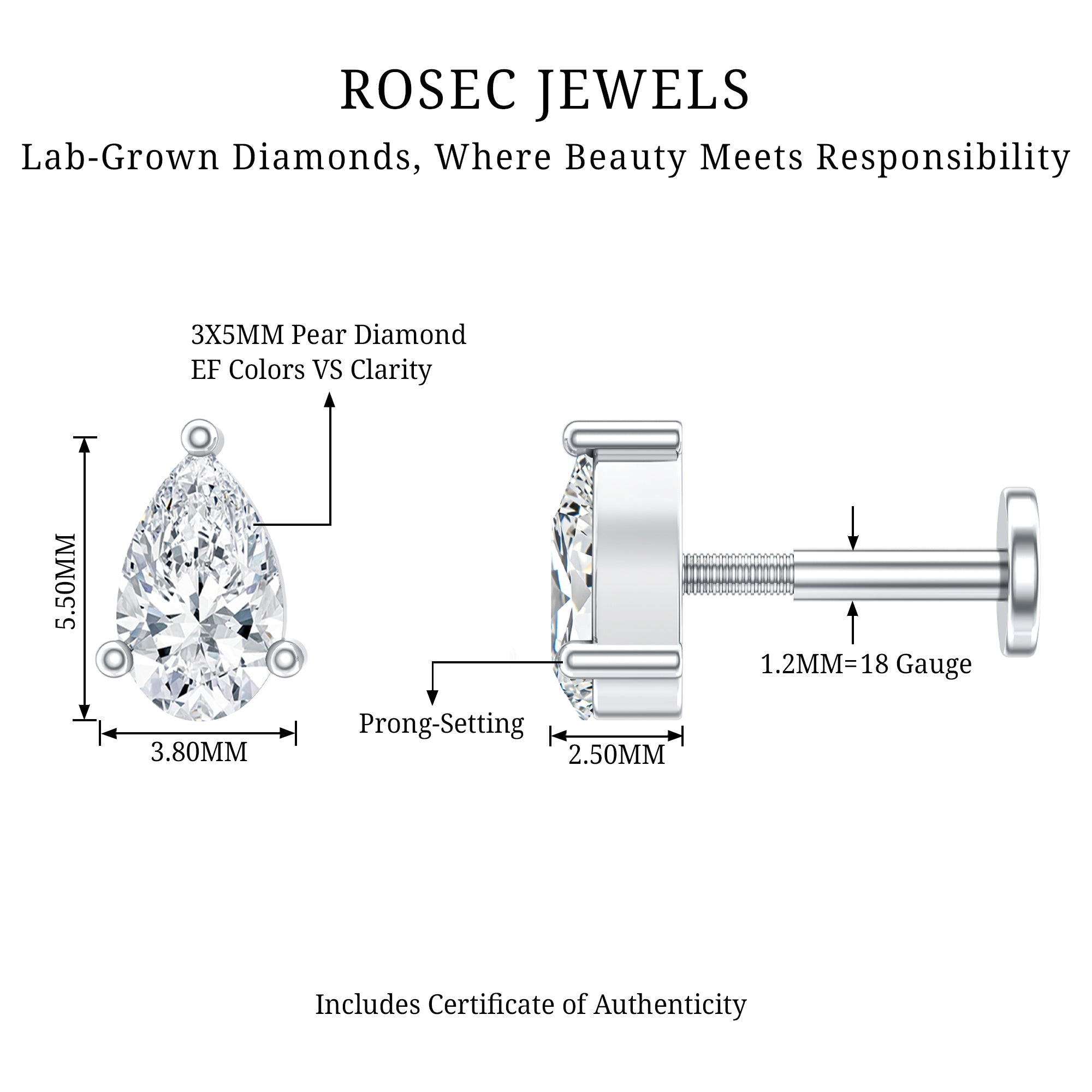 Solitaire Pear Shape Diamond Earring for Tragus Piercing Lab - ( EF-VS ) - Rosec Jewels