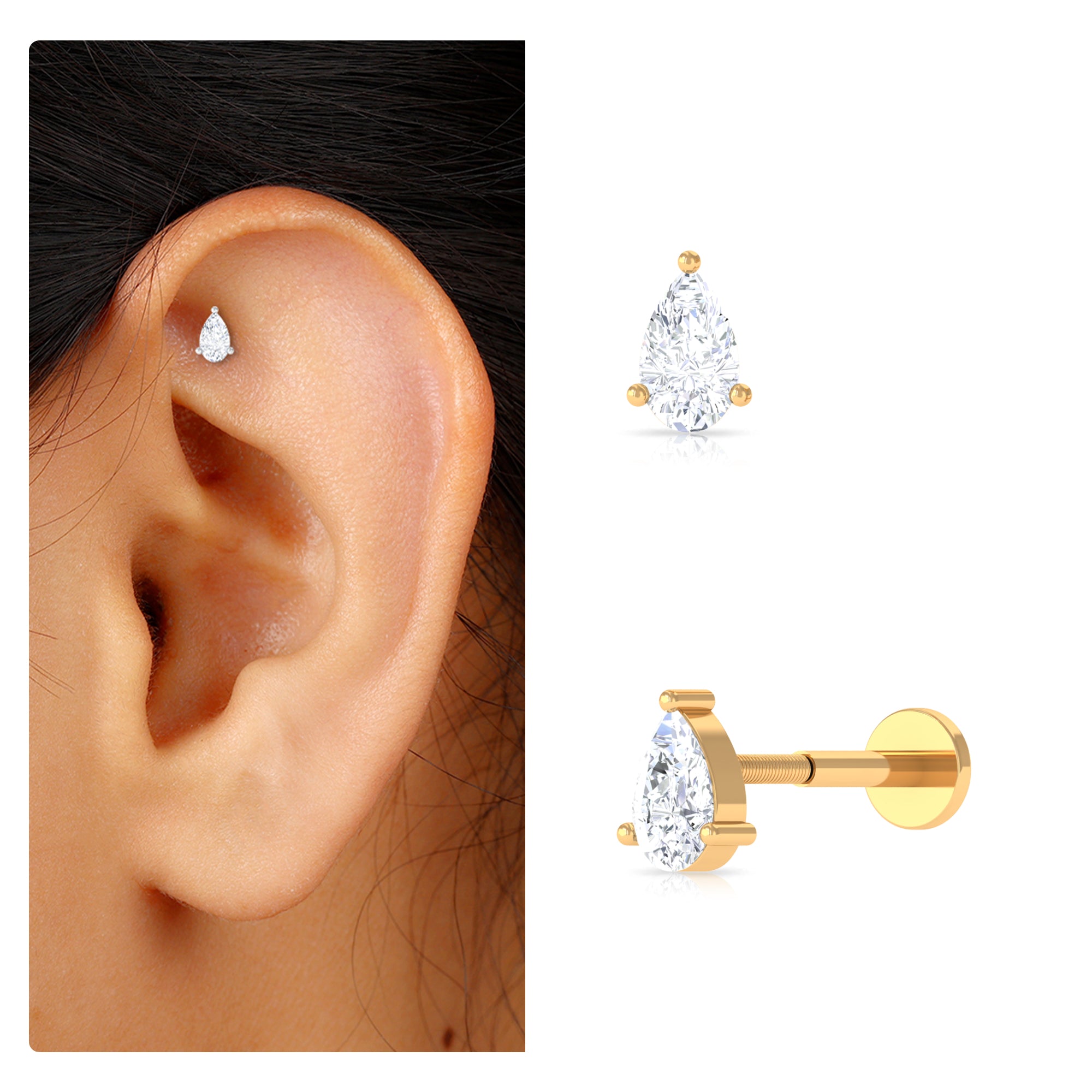 Solitaire Pear Shape Diamond Earring for Tragus Piercing Lab - ( EF-VS ) - Rosec Jewels