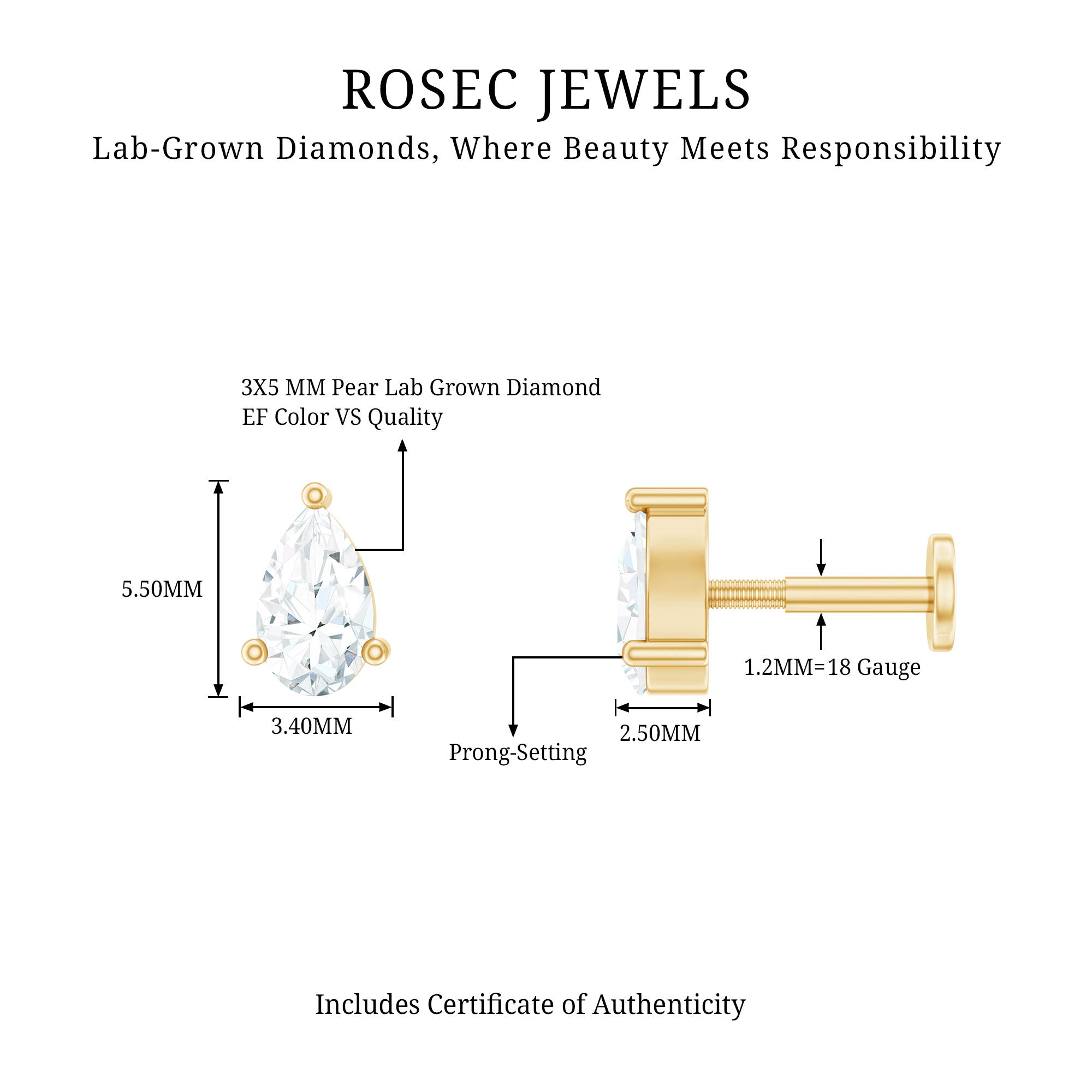 Solitaire Pear Shape Diamond Earring for Tragus Piercing Lab - ( EF-VS ) - Rosec Jewels