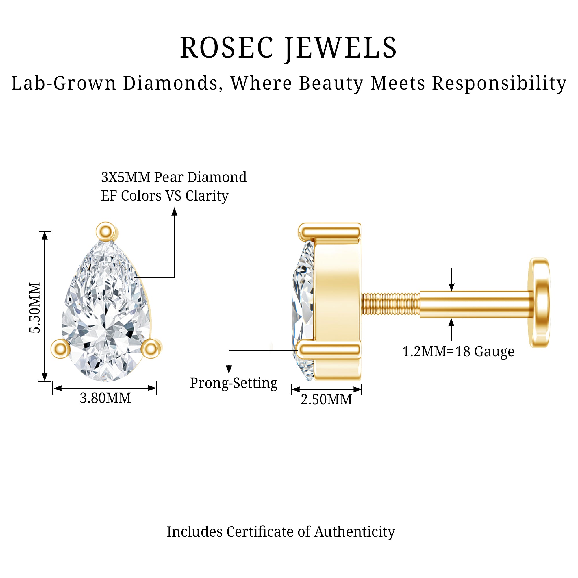 Solitaire Pear Shape Diamond Earring for Tragus Piercing Lab - ( EF-VS ) - Rosec Jewels