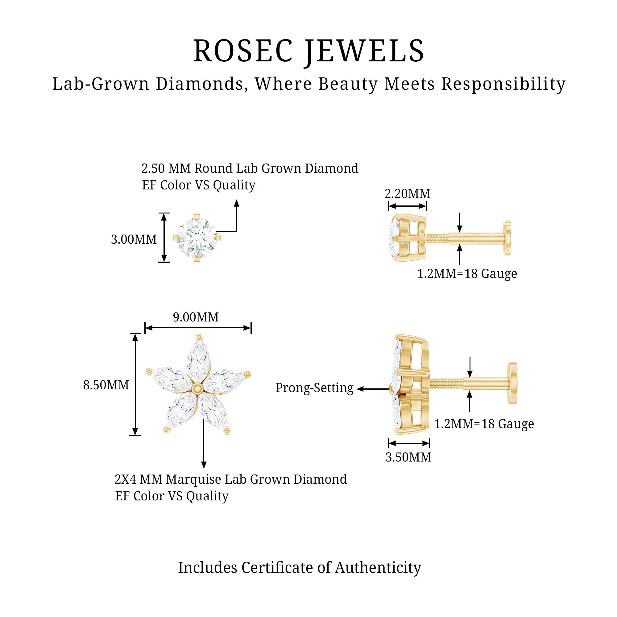 Marquise Diamond Flower Cartilage Earring Set Lab - ( EF-VS ) - Rosec Jewels