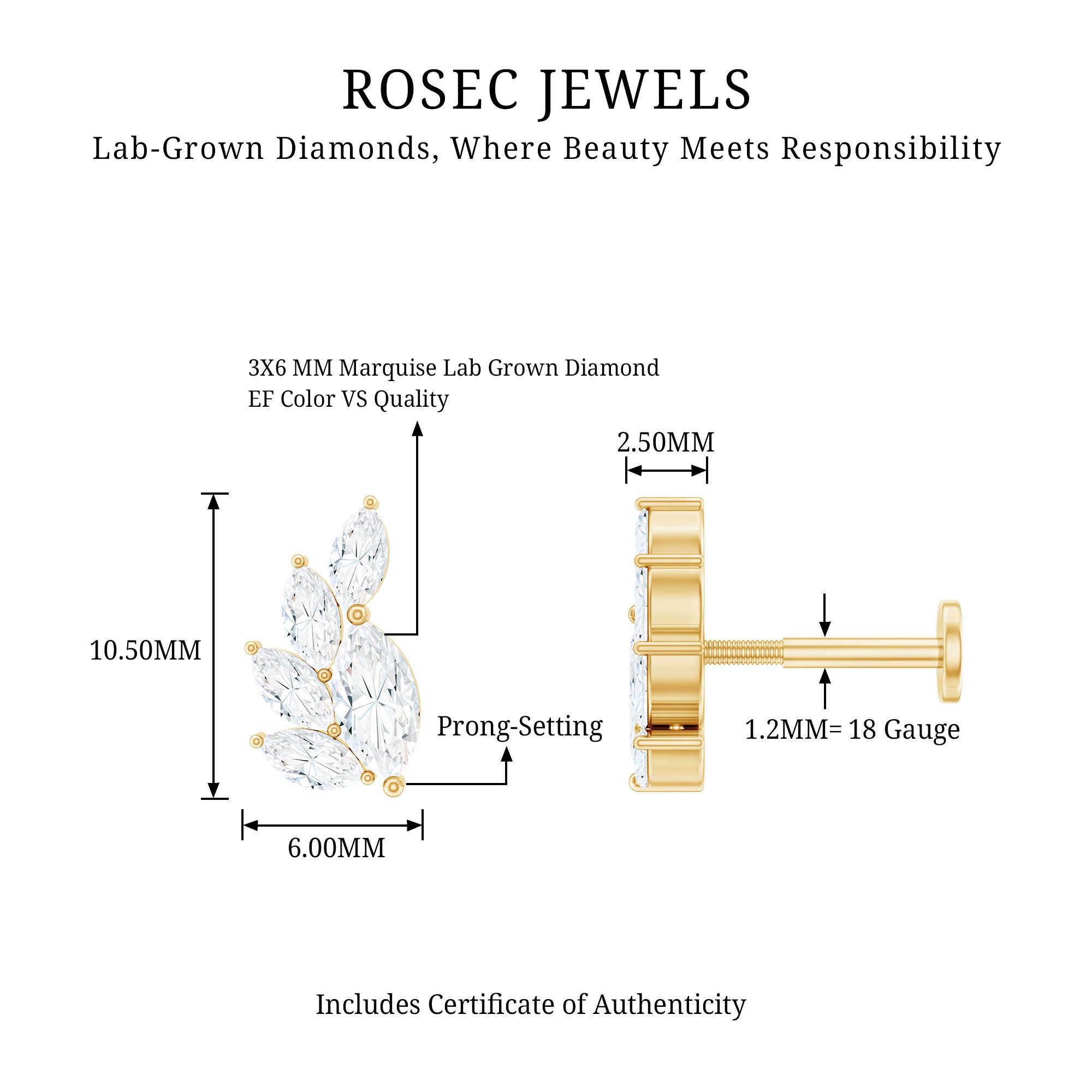 Marquise Diamond Cluster Helix Earring with Flat Back Lab - ( EF-VS ) - Rosec Jewels