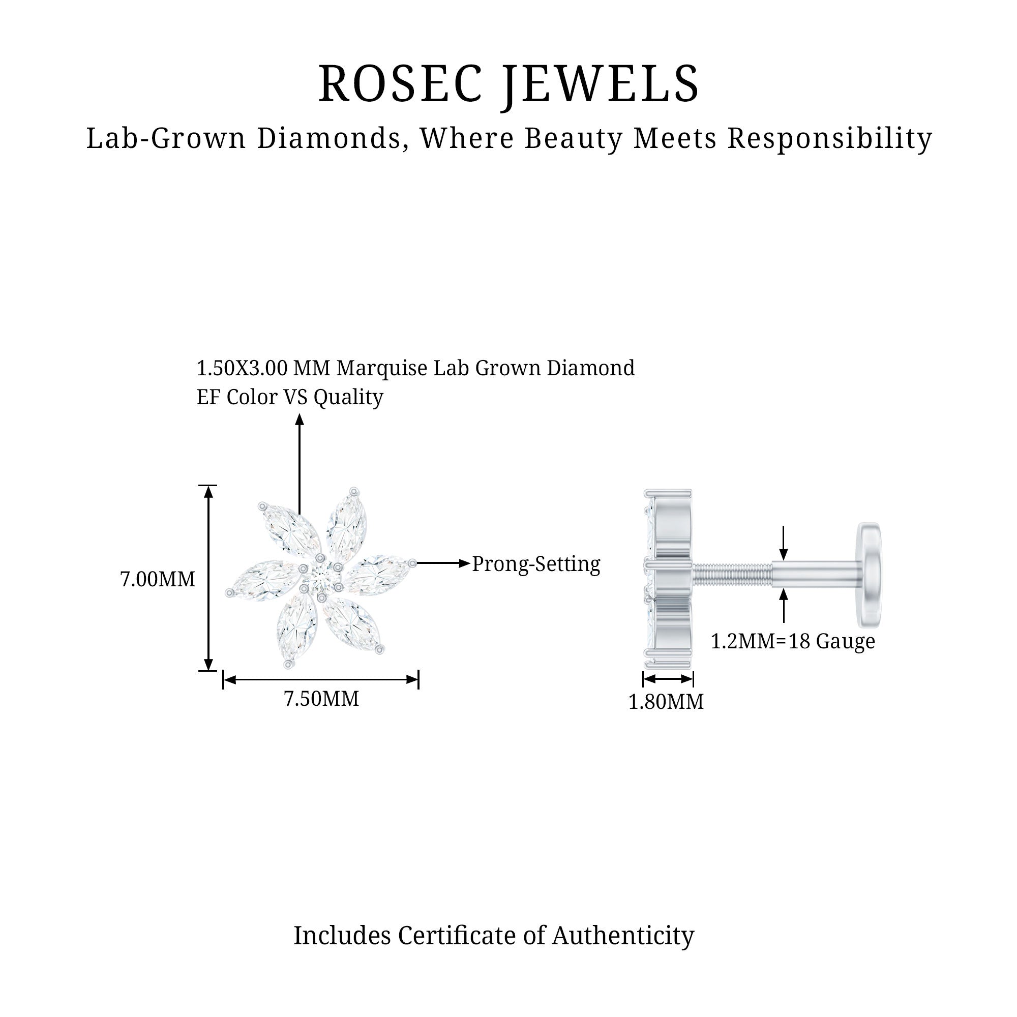 Sparkling Marquise Diamond Flower Helix Earring Lab - ( EF-VS ) - Rosec Jewels