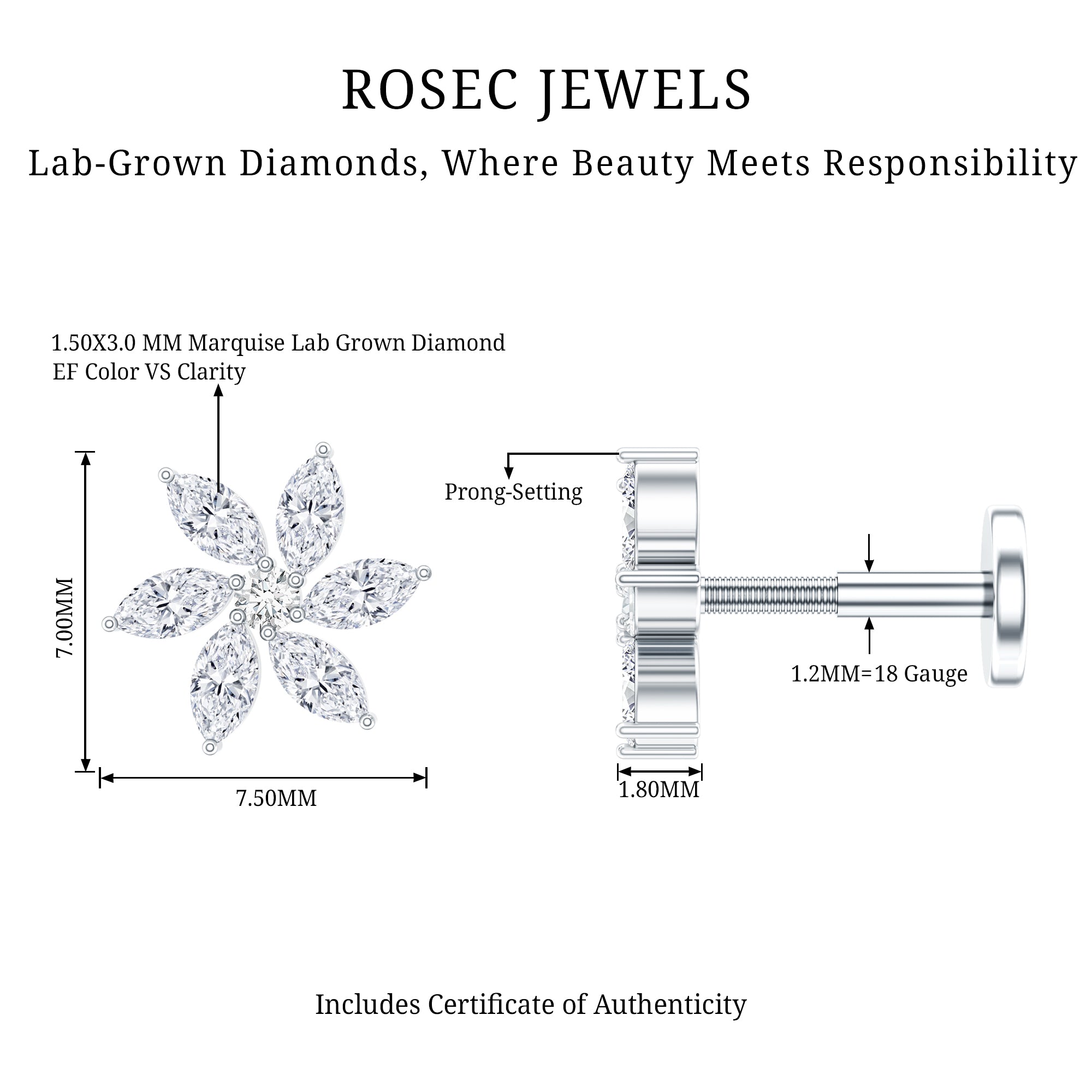 Sparkling Marquise Diamond Flower Helix Earring Lab - ( EF-VS ) - Rosec Jewels
