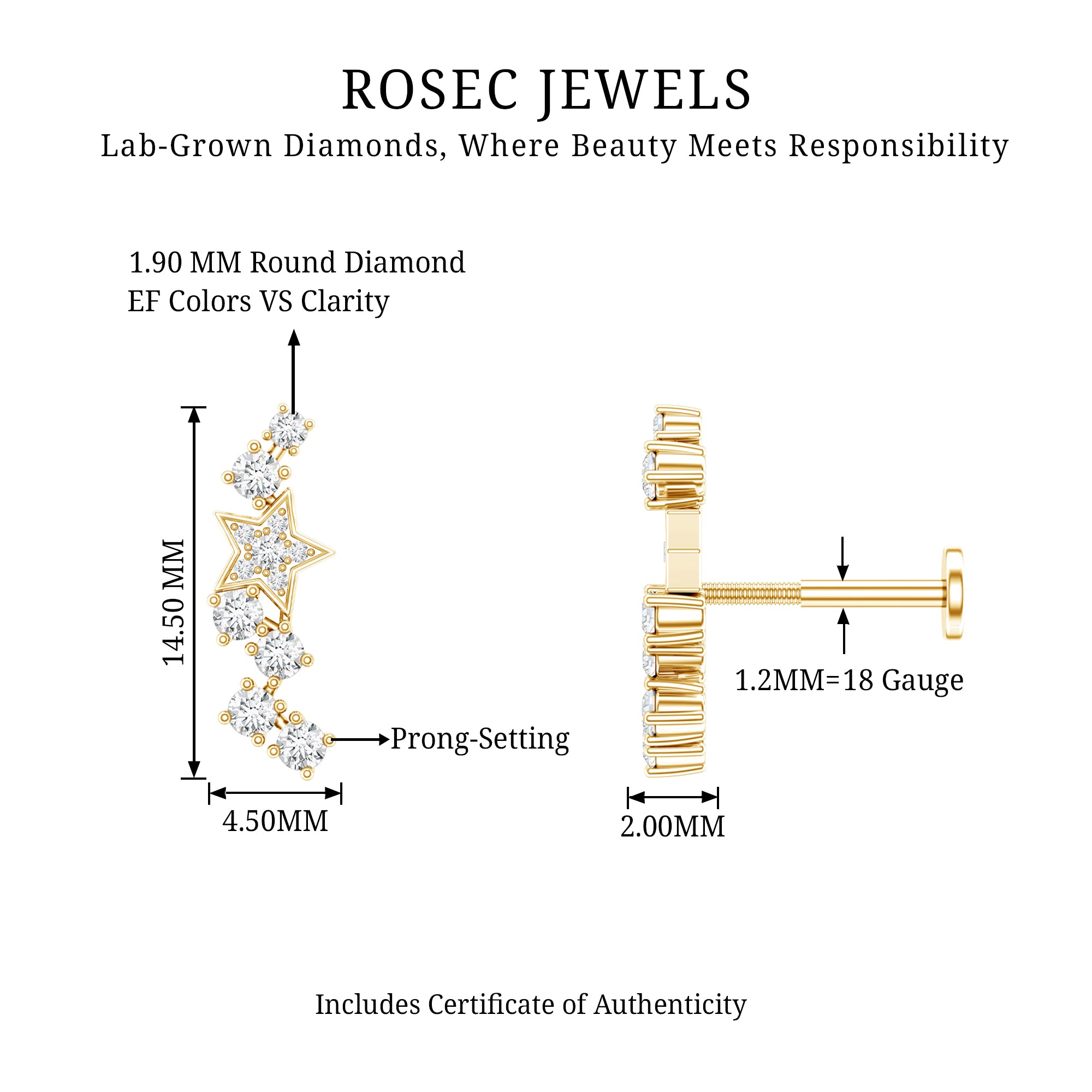 Unique Diamond Star Crawler Helix Earring Lab - ( EF-VS ) - Rosec Jewels
