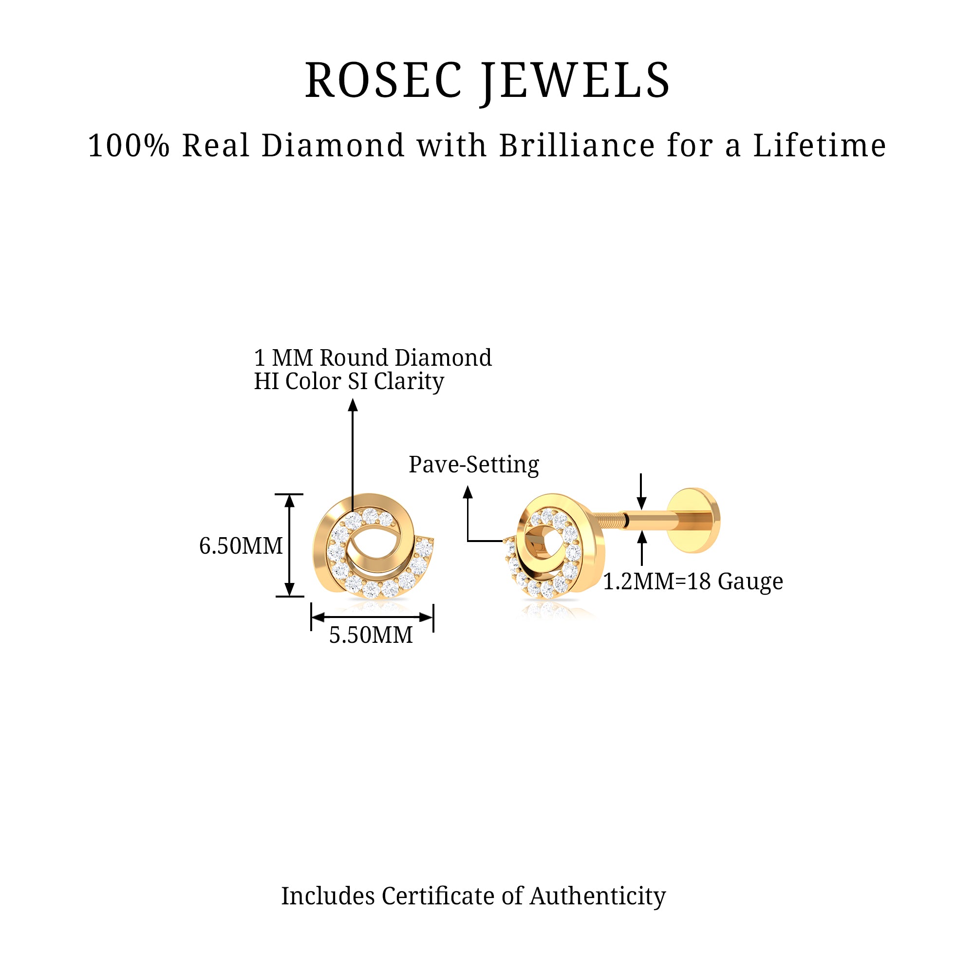 Certified Diamond Spiral Earring for Cartilage Piercing Lab - ( EF-VS ) - Rosec Jewels
