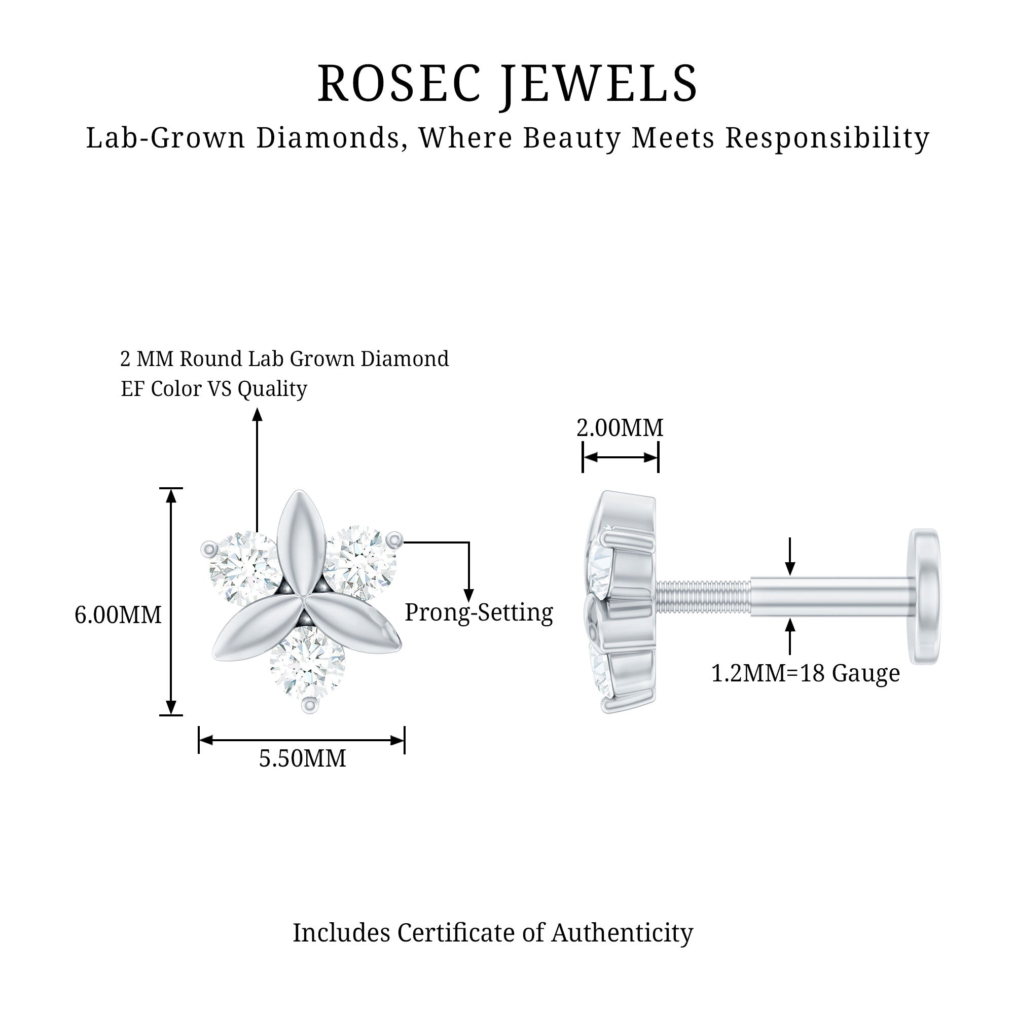 Brilliant Cut Diamond Floral Earring for Conch Piercing Lab - ( EF-VS ) - Rosec Jewels