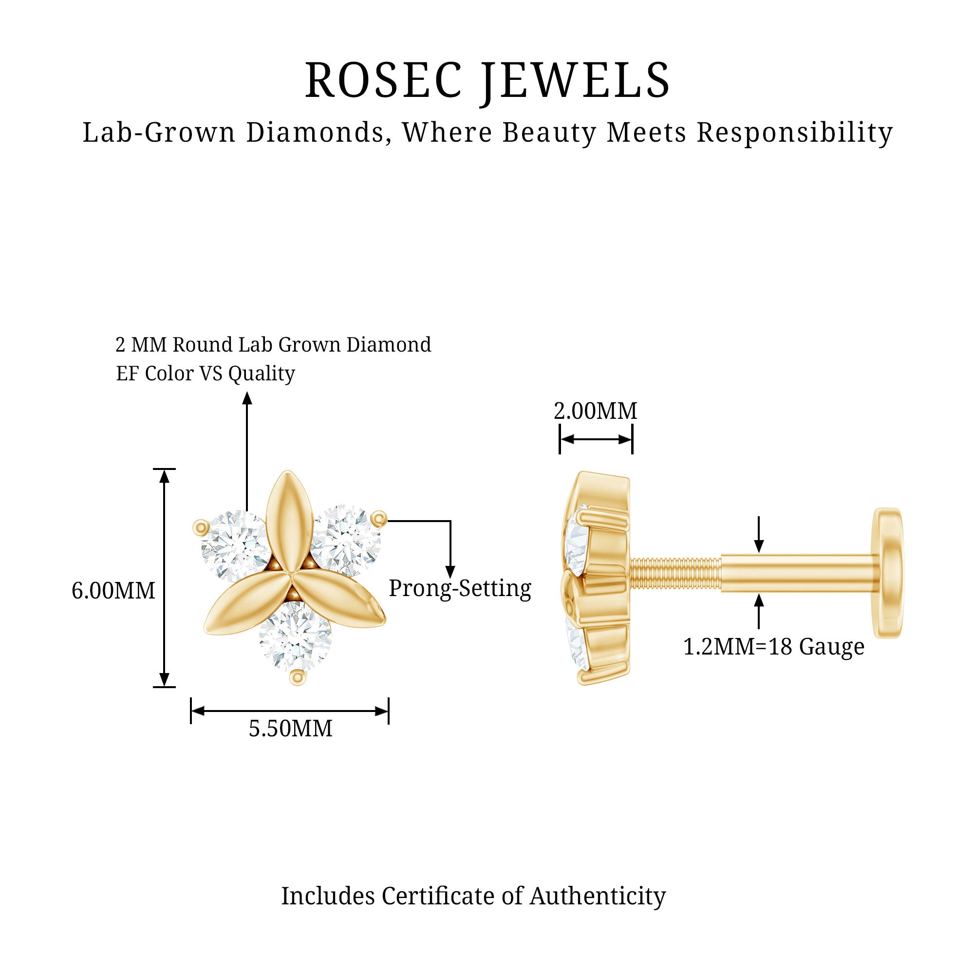 Brilliant Cut Diamond Floral Earring for Conch Piercing Lab - ( EF-VS ) - Rosec Jewels
