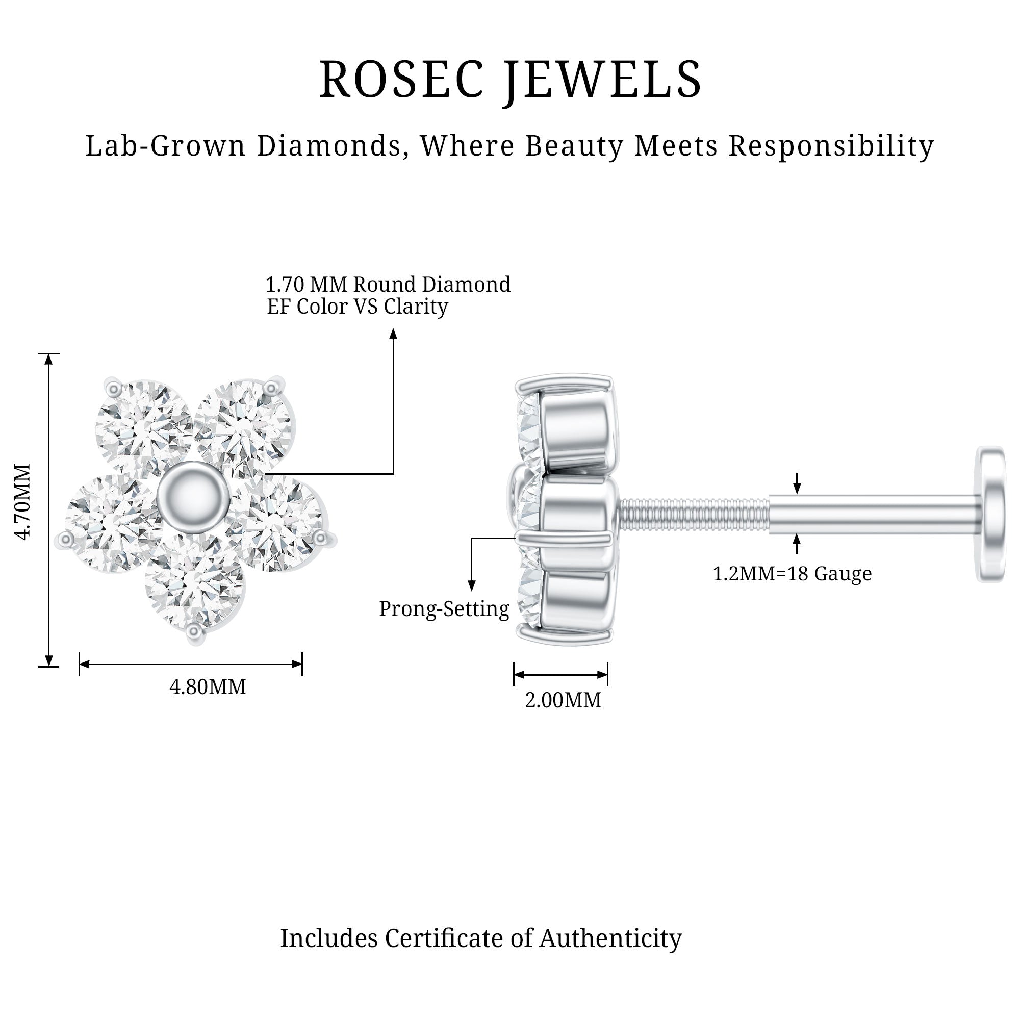 Minimalist Diamond Flower Tragus Earring with Flat Back Lab - ( EF-VS ) - Rosec Jewels