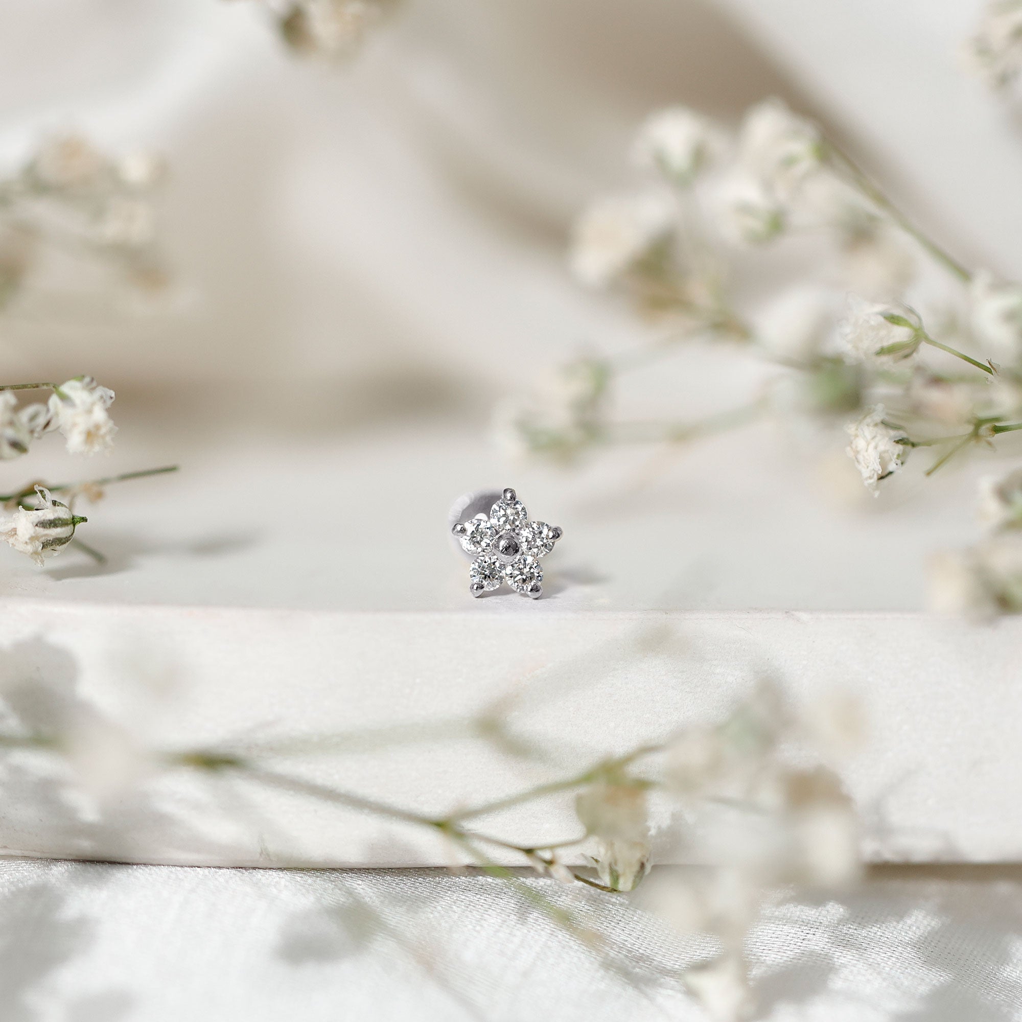Minimalist Diamond Flower Tragus Earring with Flat Back Lab - ( EF-VS ) - Rosec Jewels