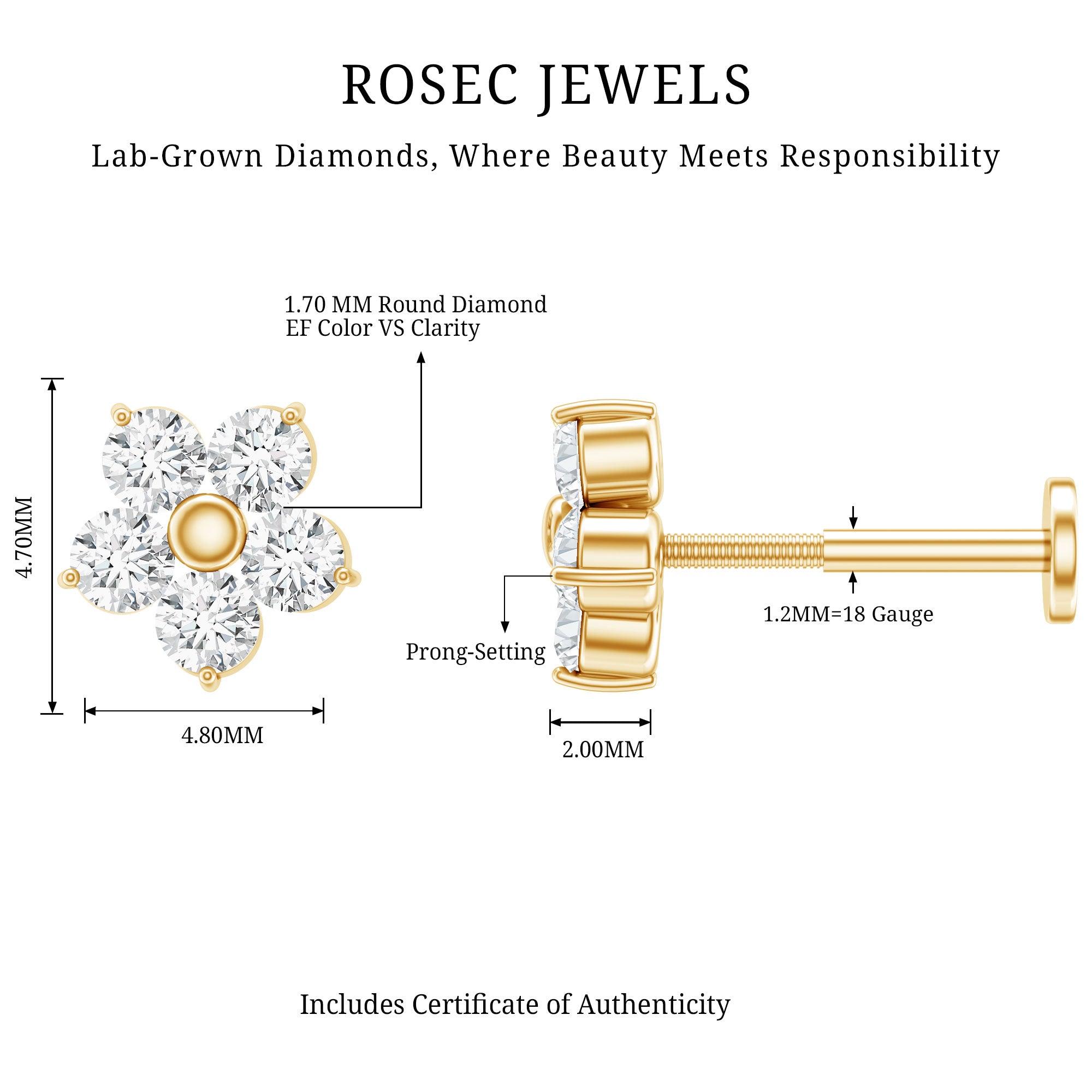 Minimalist Diamond Flower Tragus Earring with Flat Back Lab - ( EF-VS ) - Rosec Jewels