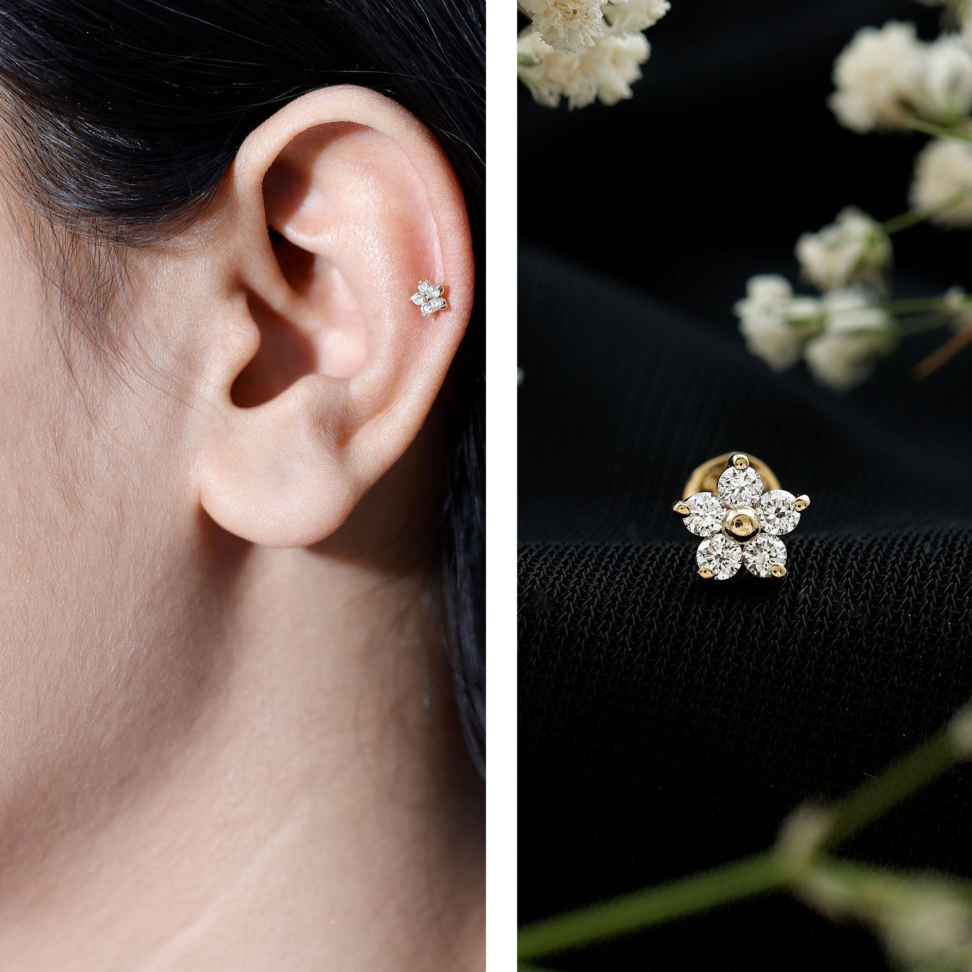 Minimalist Diamond Flower Tragus Earring with Flat Back Lab - ( EF-VS ) - Rosec Jewels