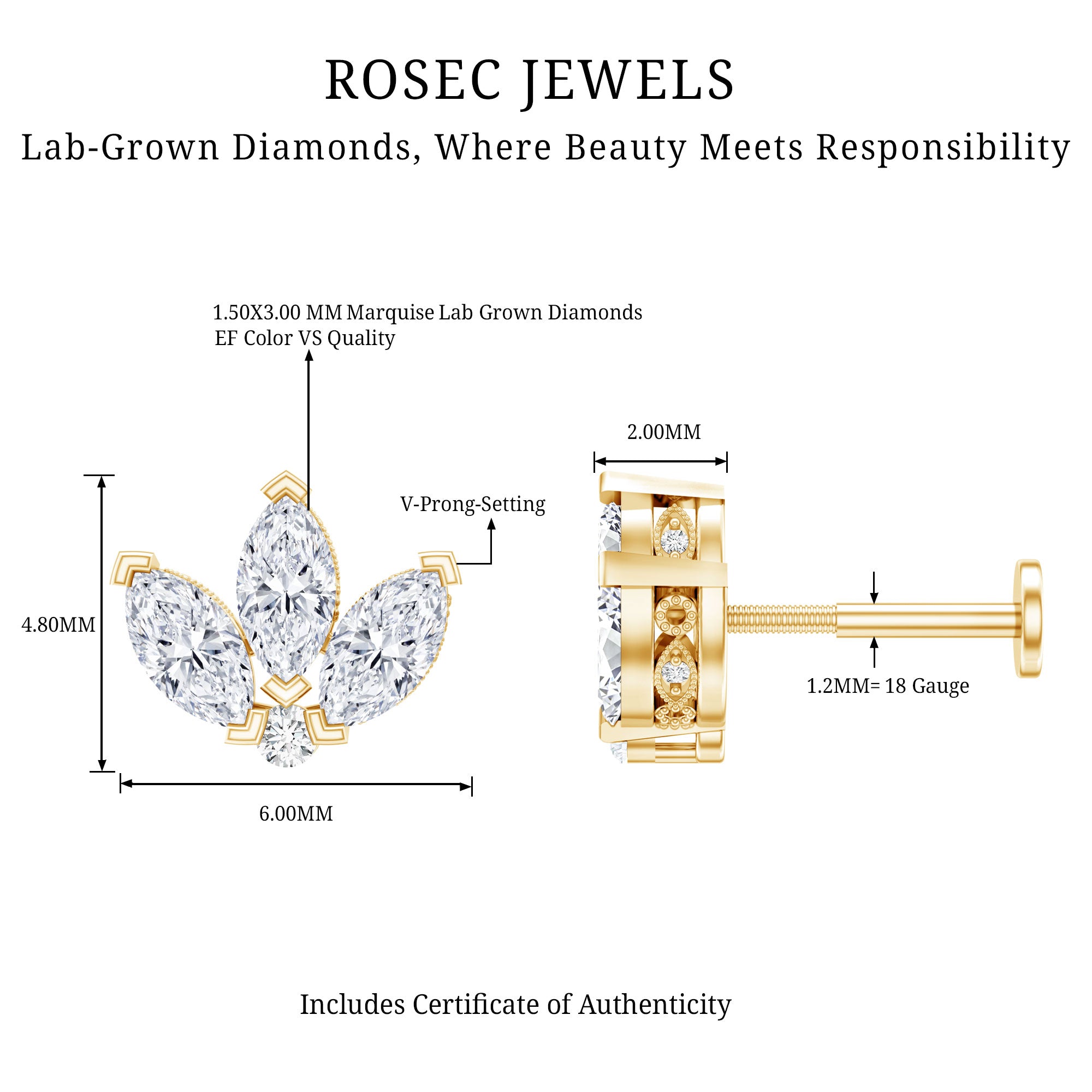 Marquise Diamond Lotus Earring for Cartilage Piercing Lab - ( EF-VS ) - Rosec Jewels