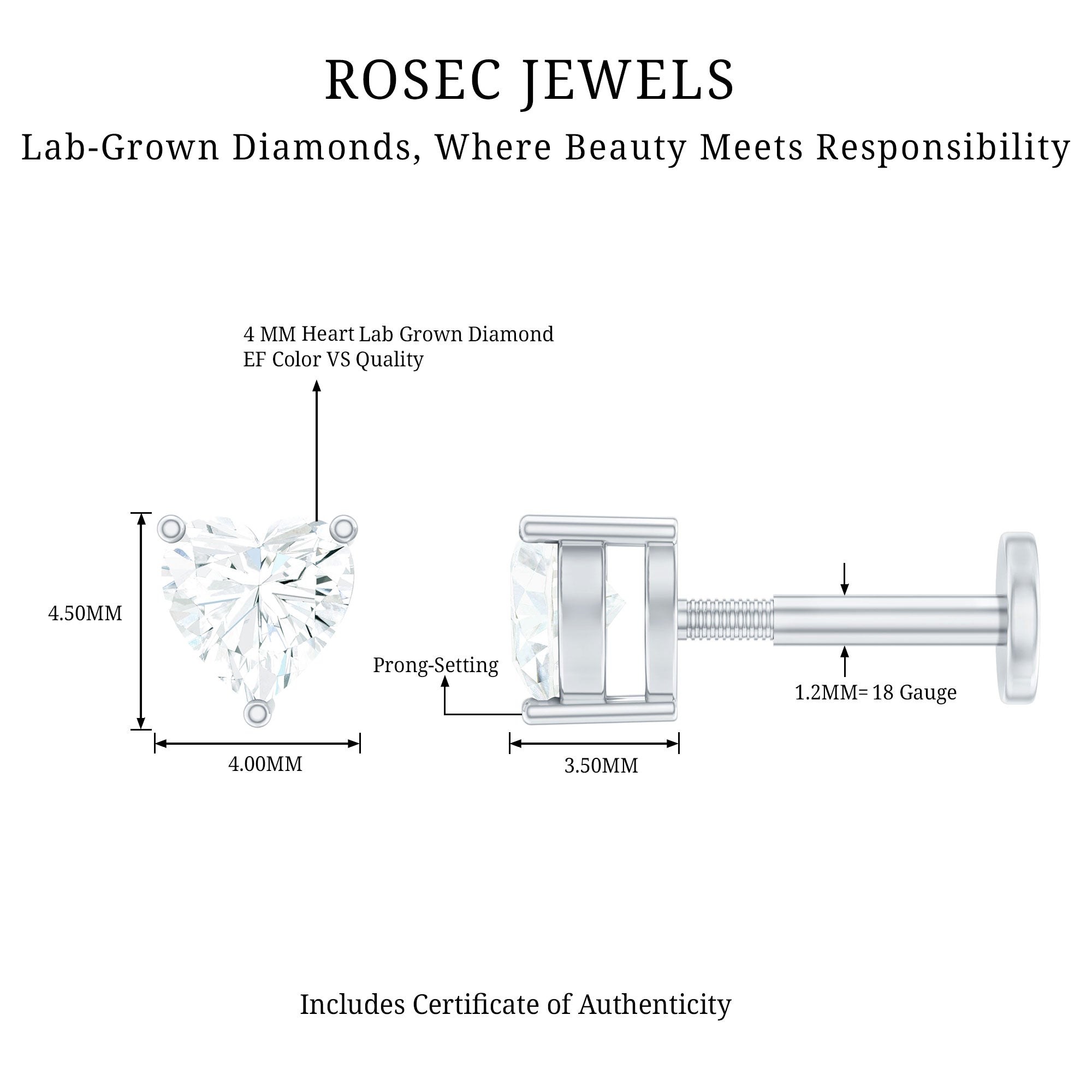 Solitaire Diamond Heart Earring with Flat Back Lab - ( EF-VS ) - Rosec Jewels