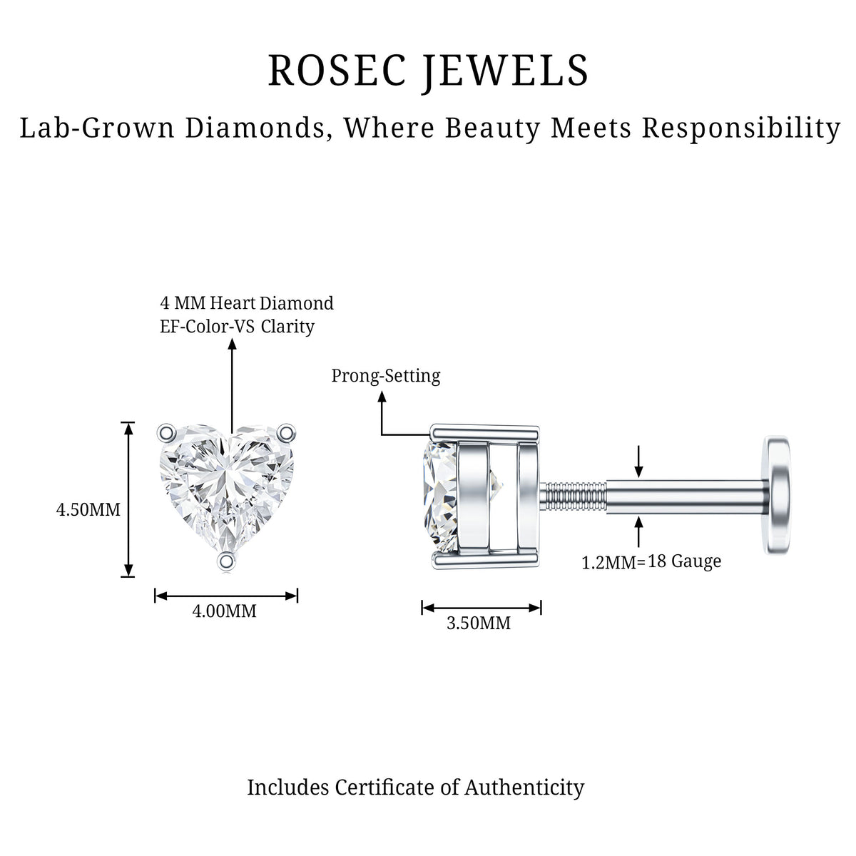 Solitaire Diamond Heart Earring with Flat Back Lab - ( EF-VS ) - Rosec Jewels