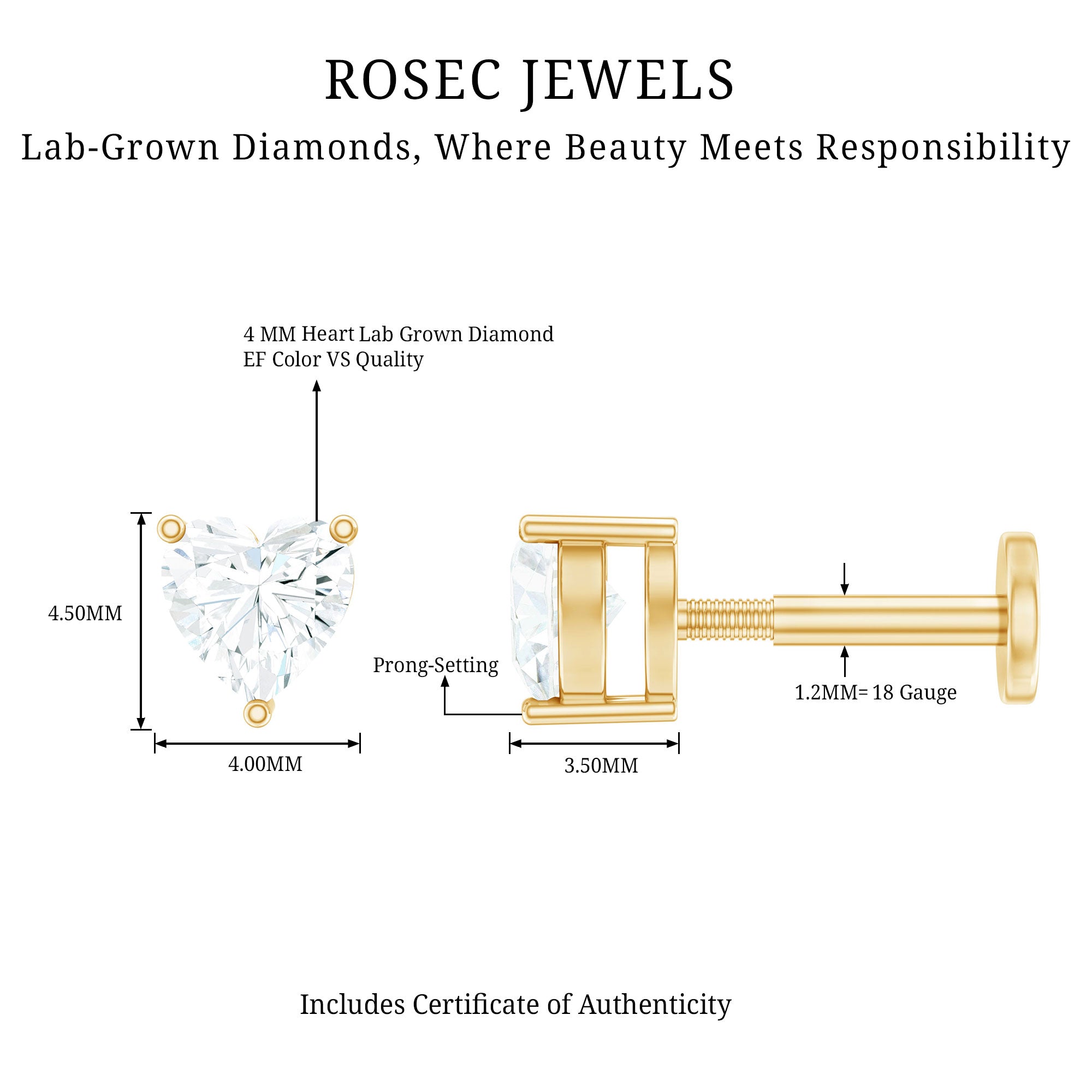 Solitaire Diamond Heart Earring with Flat Back Lab - ( EF-VS ) - Rosec Jewels