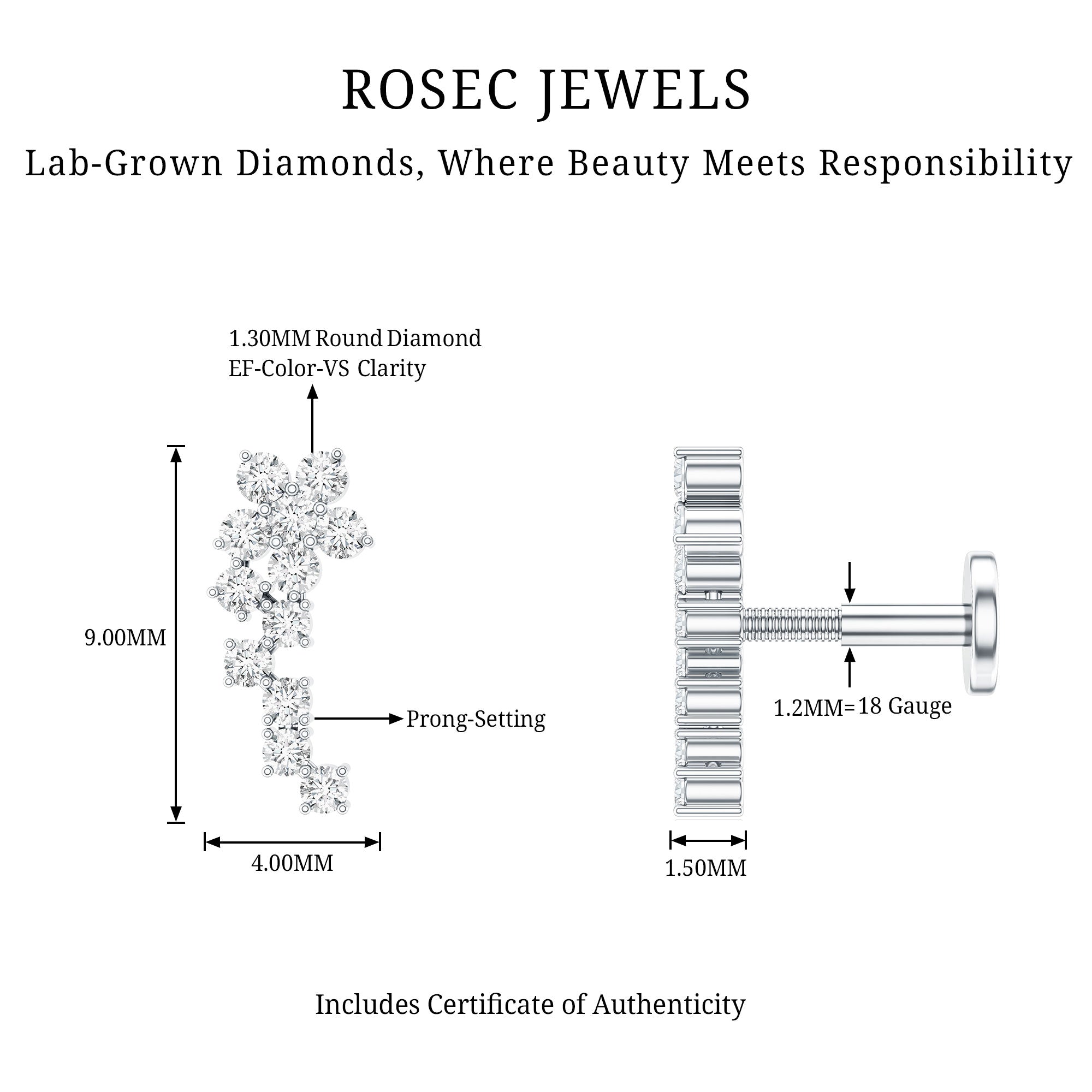 Diamond Floral Cluster Earring for Helix Piercing Lab - ( EF-VS ) - Rosec Jewels