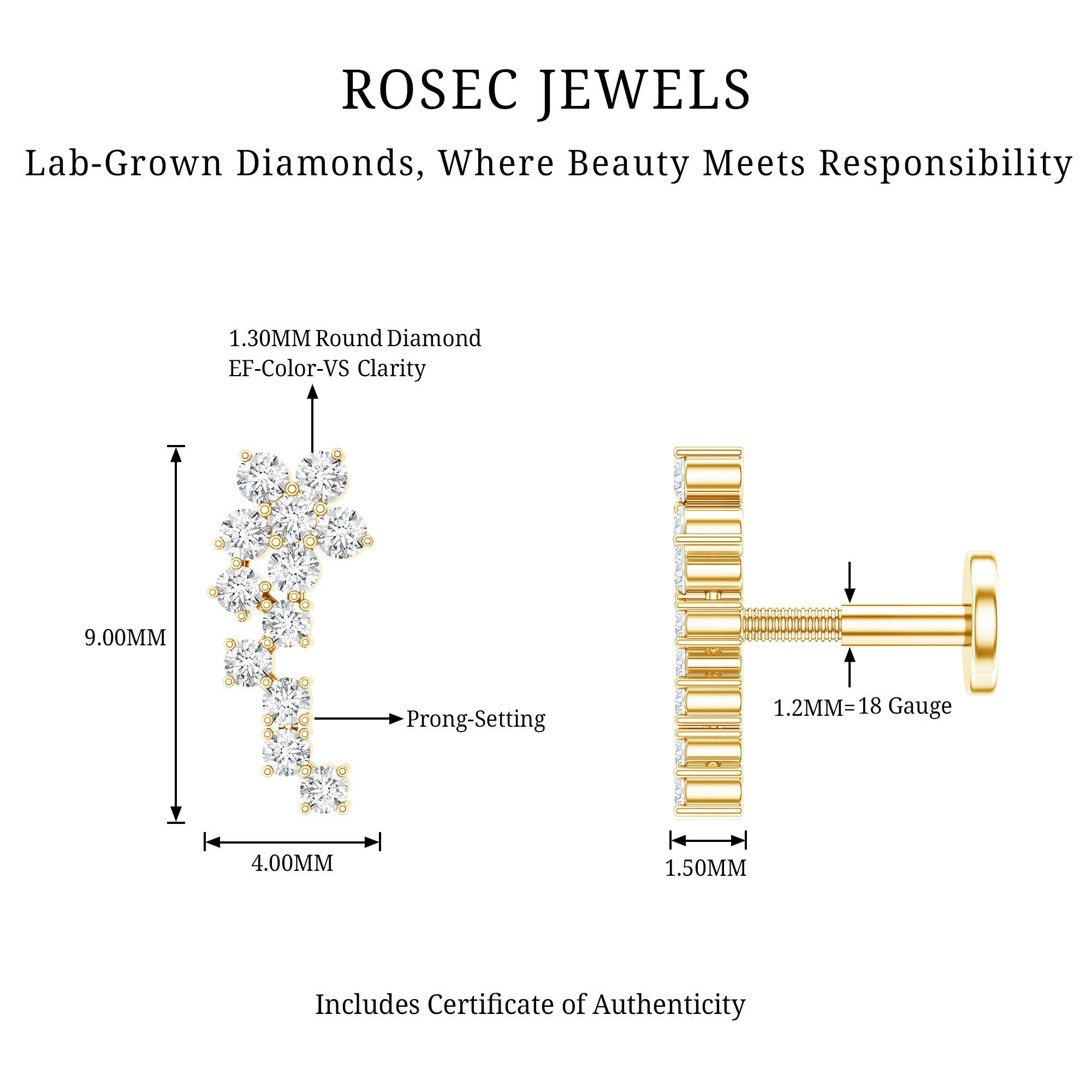 Diamond Floral Cluster Earring for Helix Piercing Lab - ( EF-VS ) - Rosec Jewels