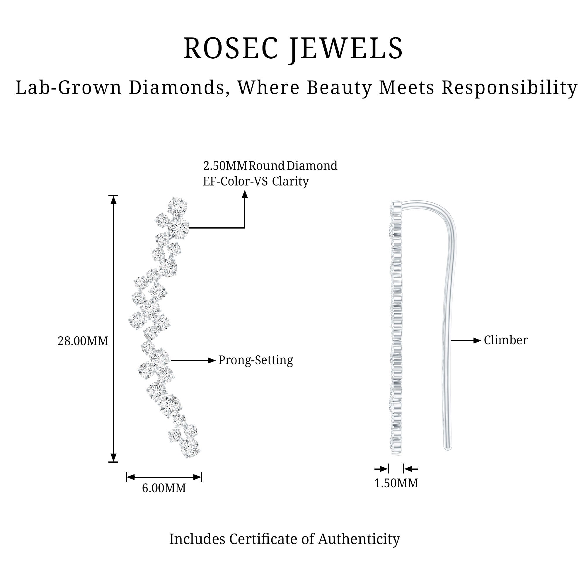 Diamond Cluster Climber Earring for Helix Piercing Lab - ( EF-VS ) - Rosec Jewels