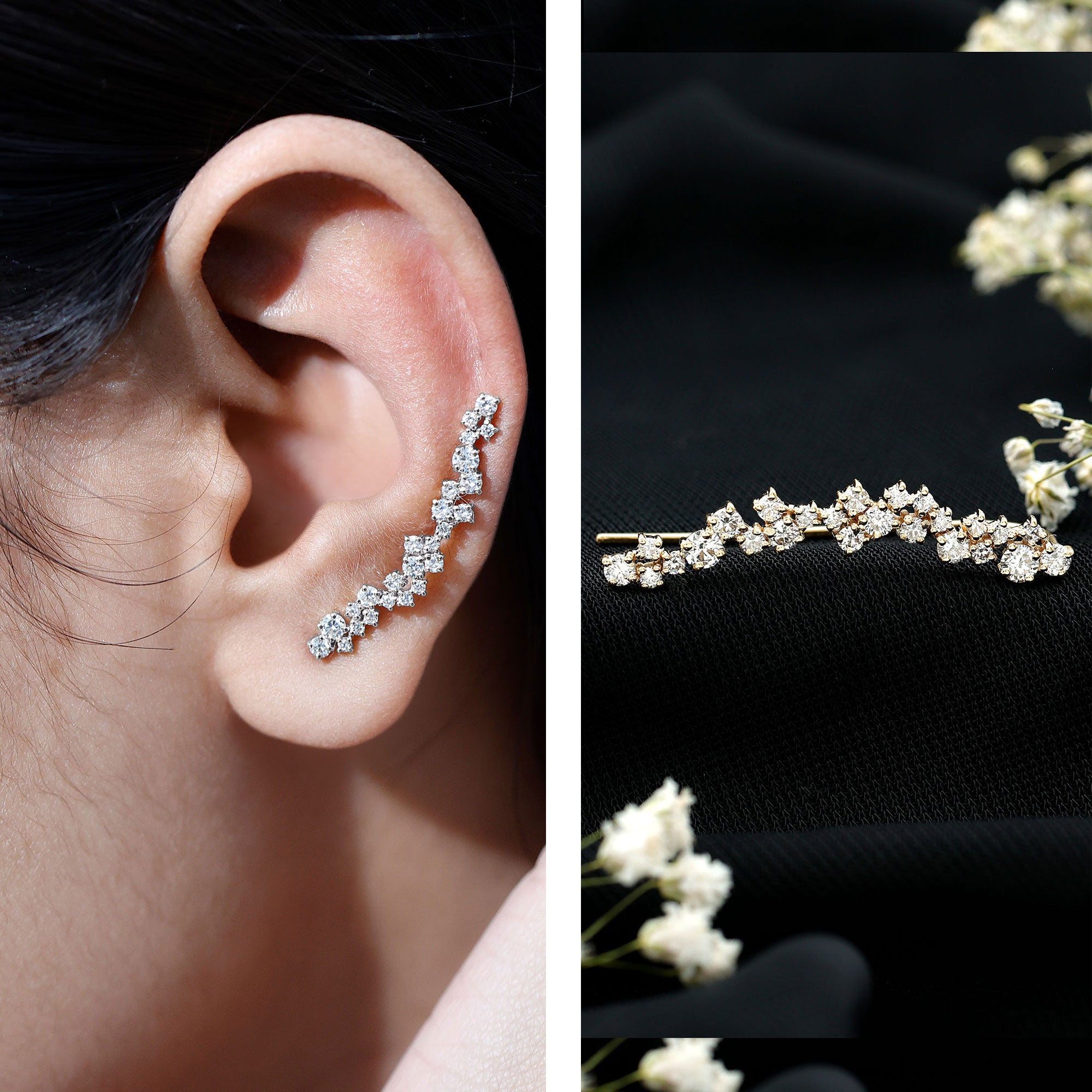 Diamond Cluster Climber Earring for Helix Piercing Lab - ( EF-VS ) - Rosec Jewels