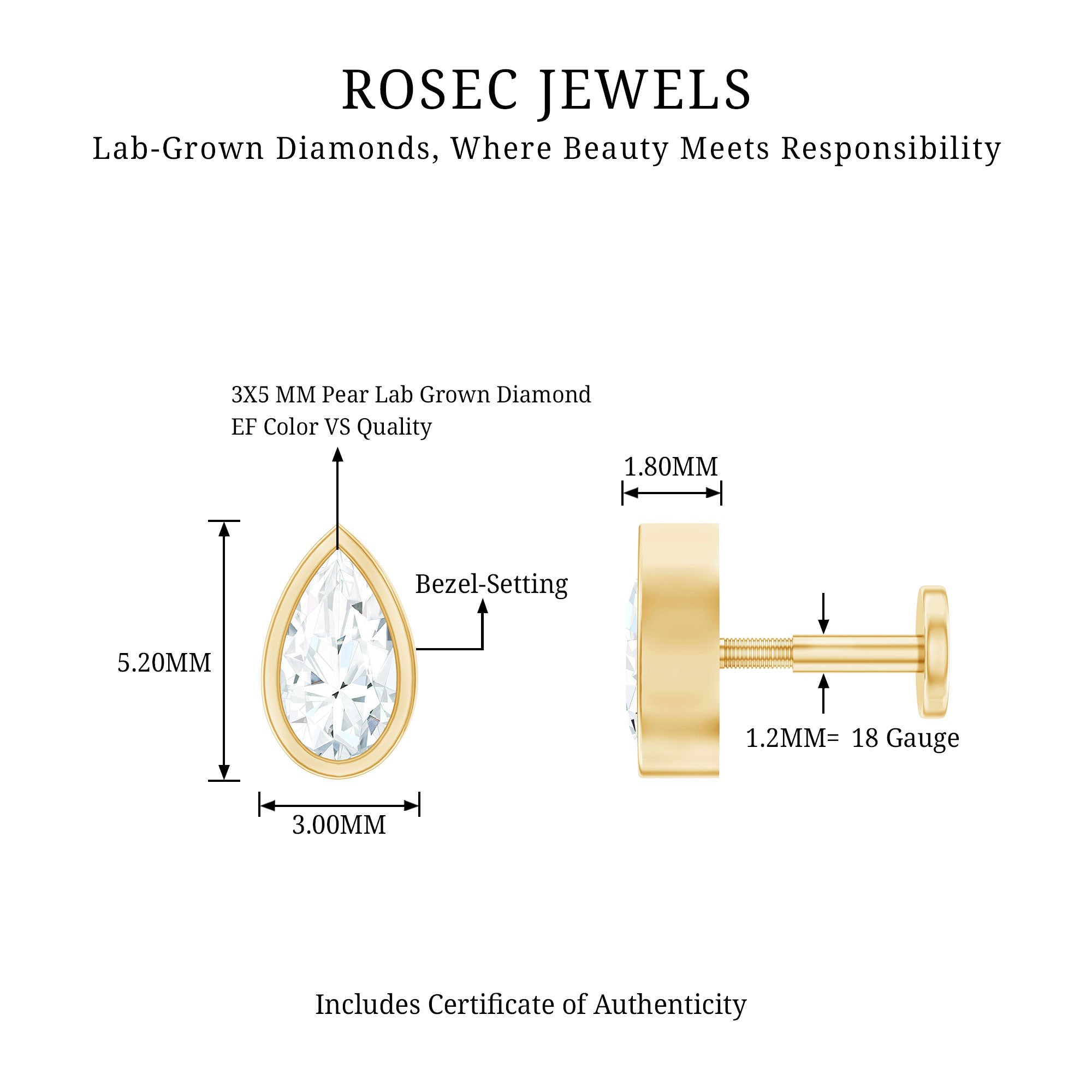 Pear Shape Diamond Solitaire Cartilage Earring Lab - ( EF-VS ) - Rosec Jewels