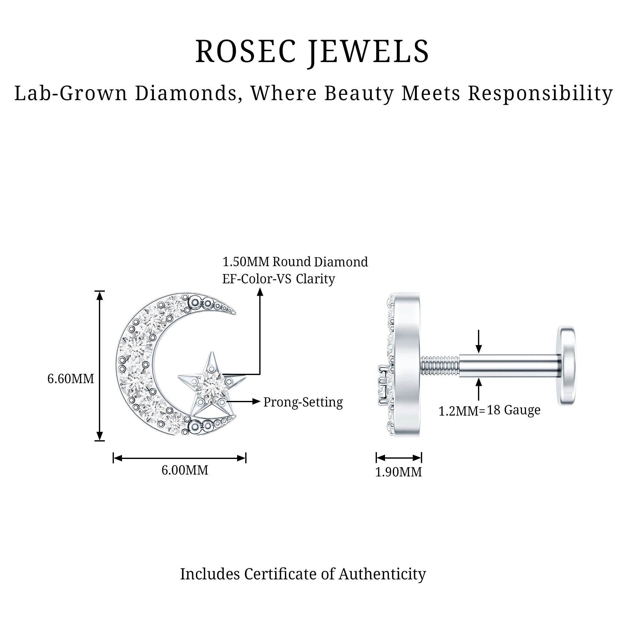 Certified Diamond Crescent Moon Helix Earring with Star Lab - ( EF-VS ) - Rosec Jewels