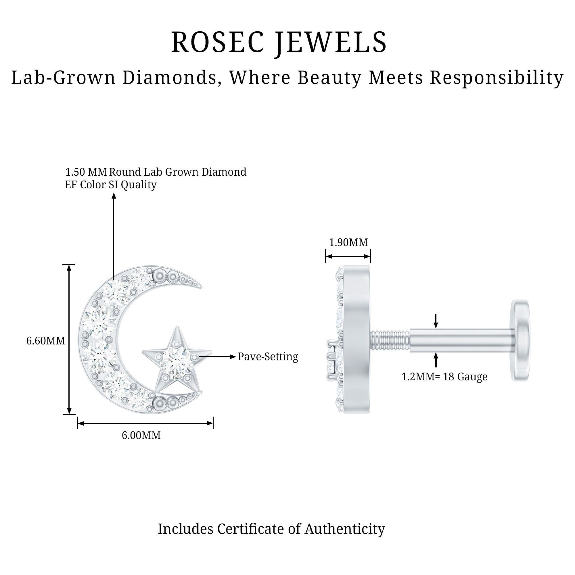 Certified Diamond Crescent Moon Helix Earring with Star Lab - ( EF-VS ) - Rosec Jewels
