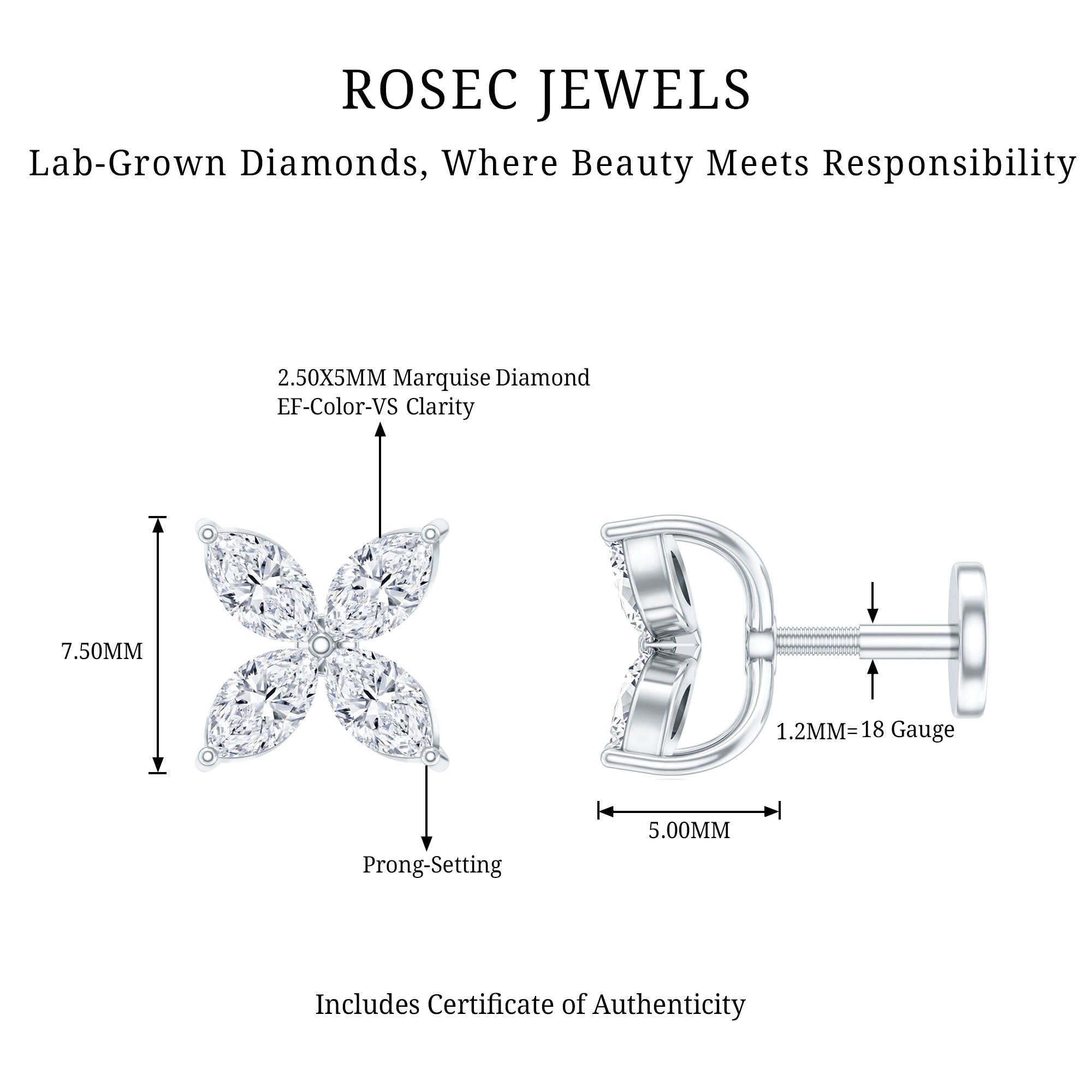 Marquise Four Petal Flower Cartilage Earring Lab - ( EF-VS ) - Rosec Jewels