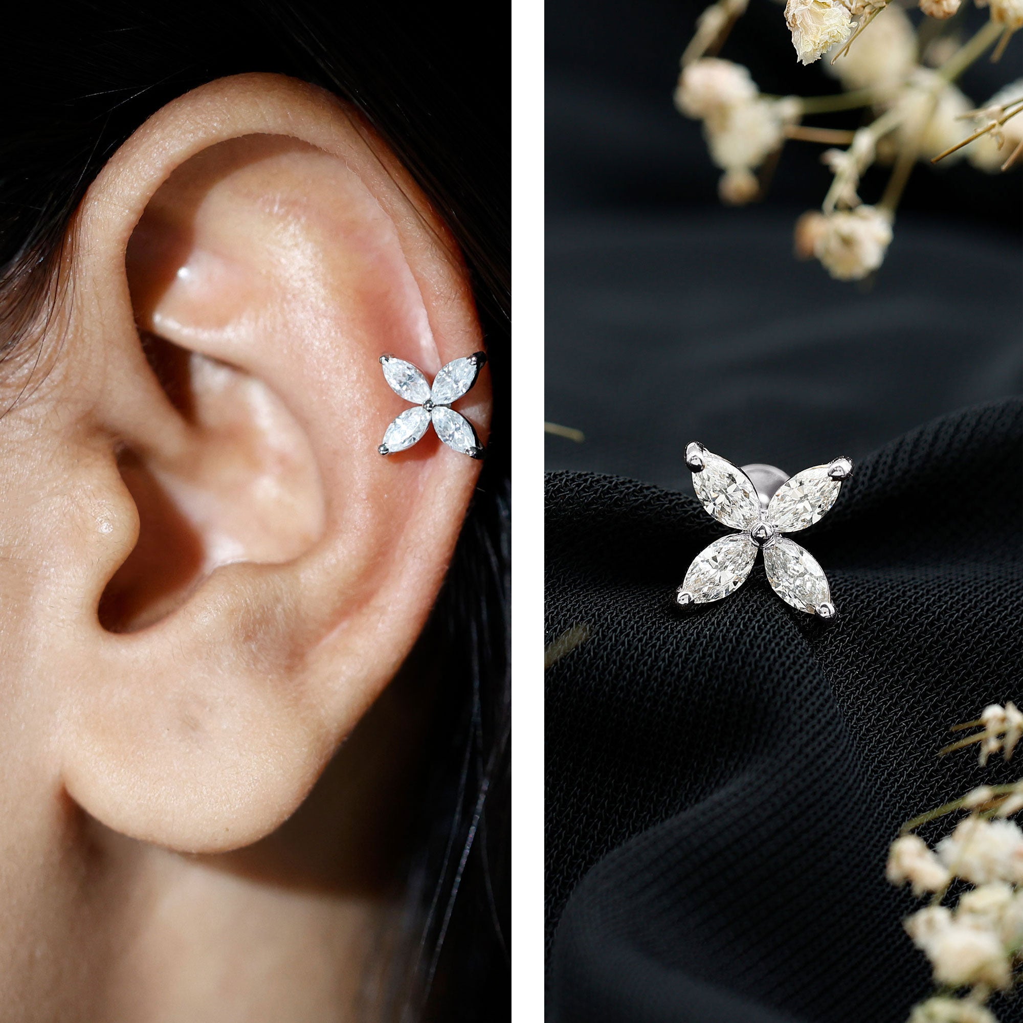 Marquise Four Petal Flower Cartilage Earring Lab - ( EF-VS ) - Rosec Jewels