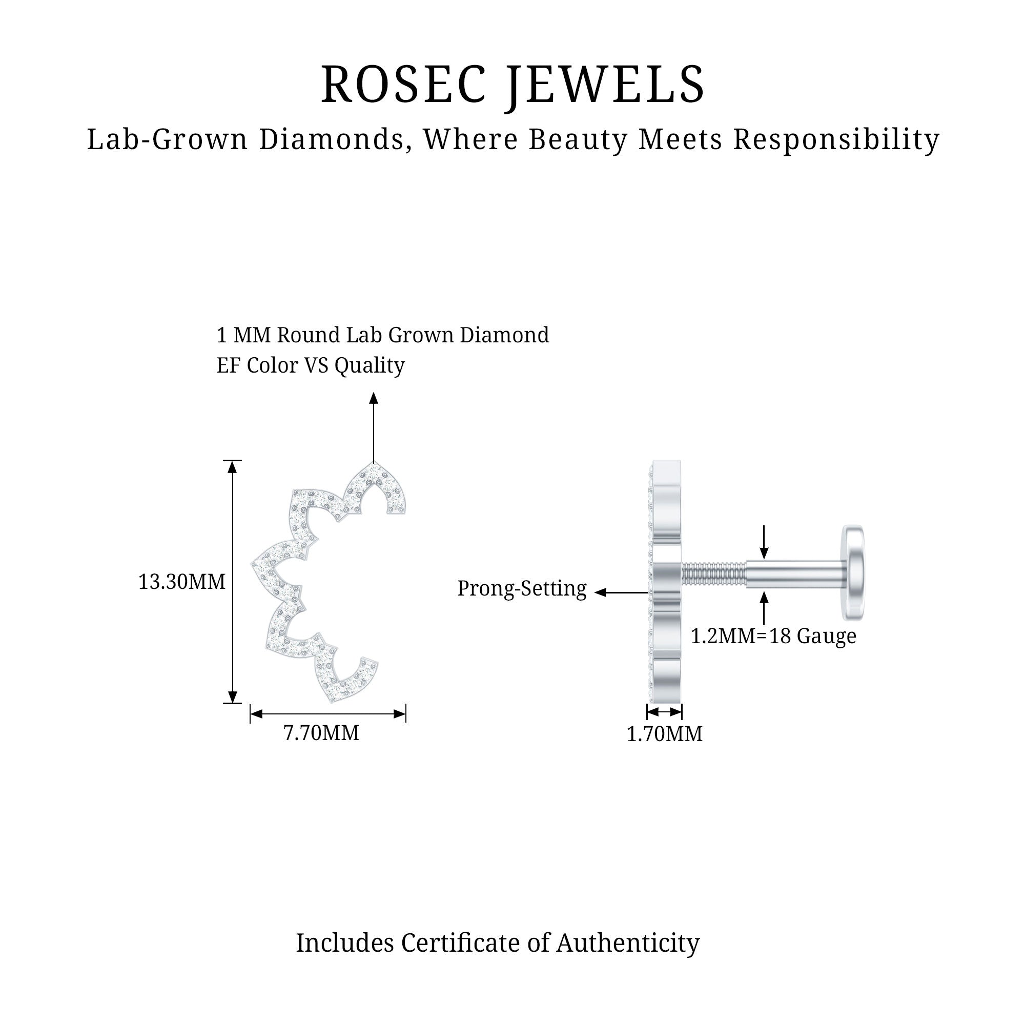 Certified Diamond Curved Floral Earring for Cartilage Piercing Lab - ( EF-VS ) - Rosec Jewels