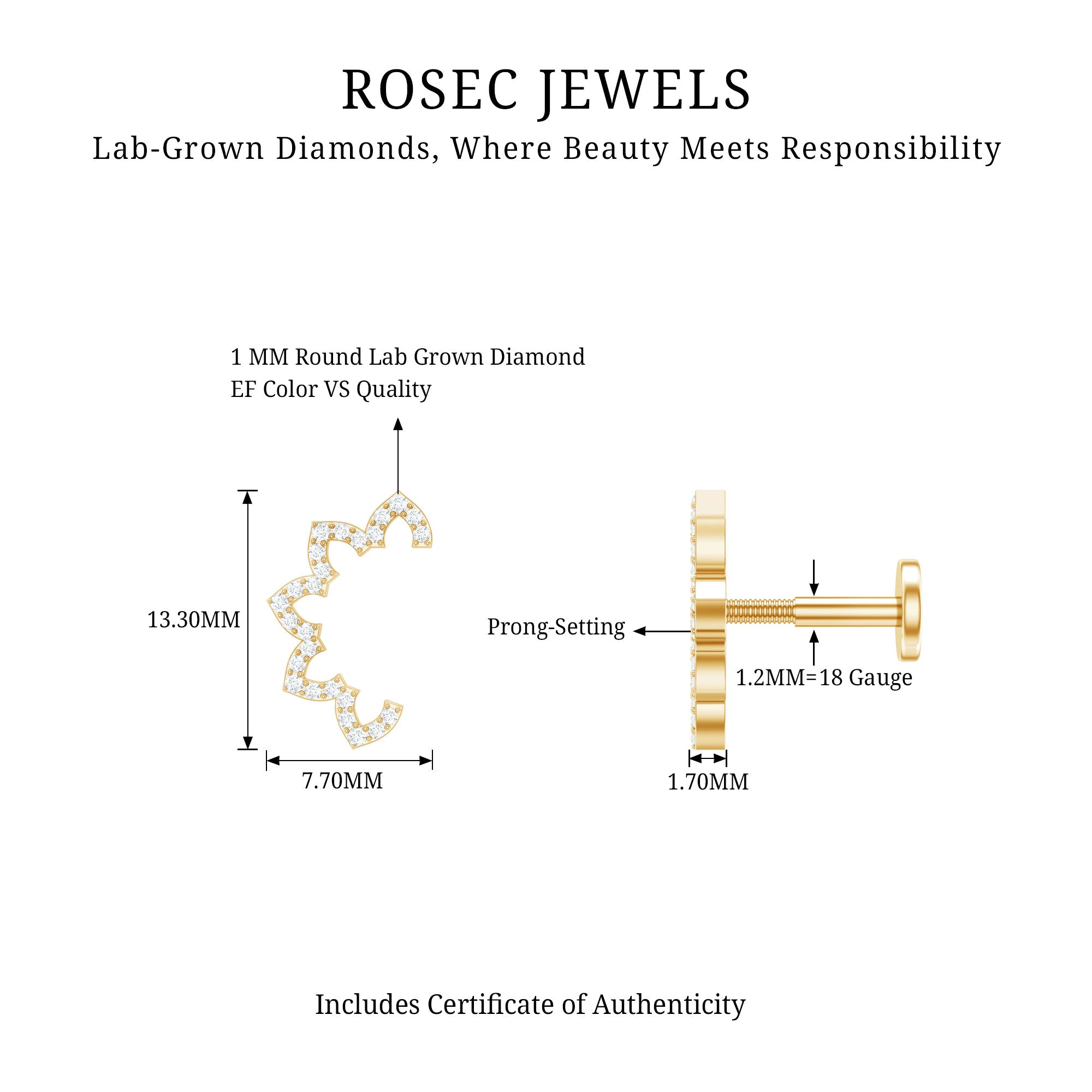 Certified Diamond Curved Floral Earring for Cartilage Piercing Lab - ( EF-VS ) - Rosec Jewels