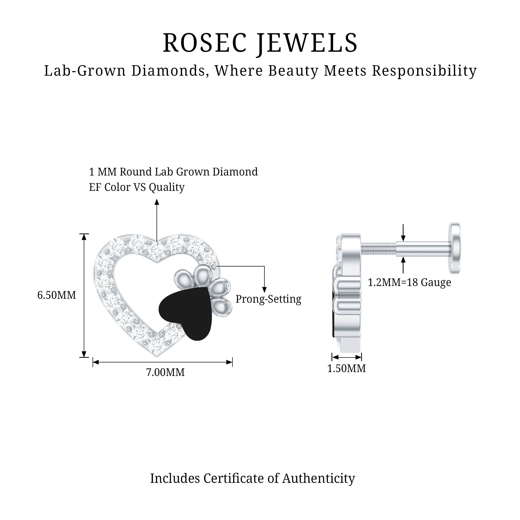 Sparkling Diamond Dog Paw Heart Earring with Black Enamel Lab - ( EF-VS ) - Rosec Jewels