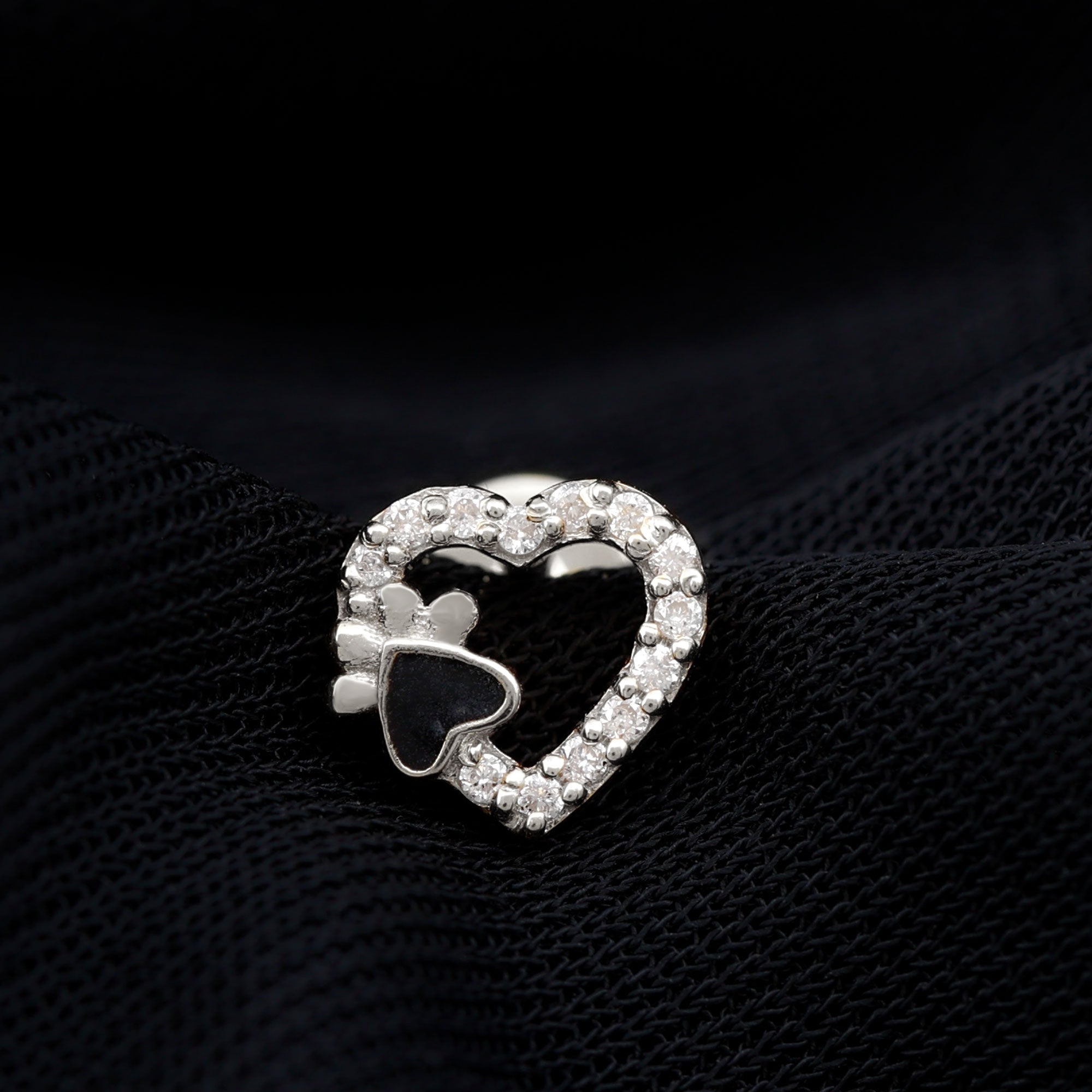 Sparkling Diamond Dog Paw Heart Earring with Black Enamel Lab - ( EF-VS ) - Rosec Jewels