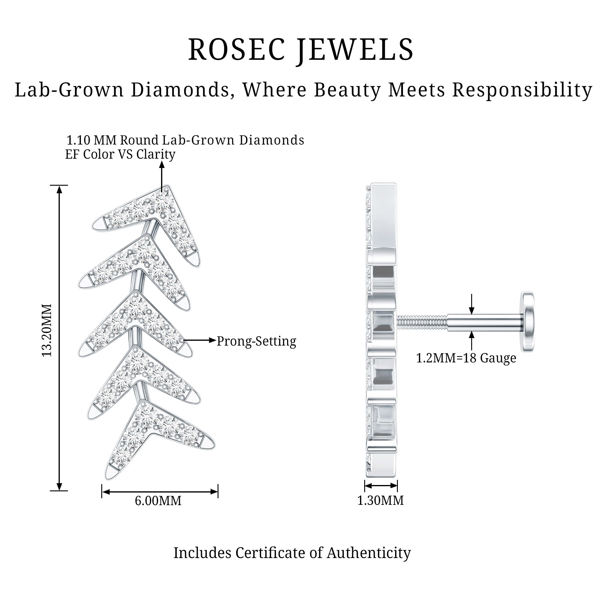 Minimalist Diamond Leaf Crawler Earring for Helix Piercing Lab - ( EF-VS ) - Rosec Jewels