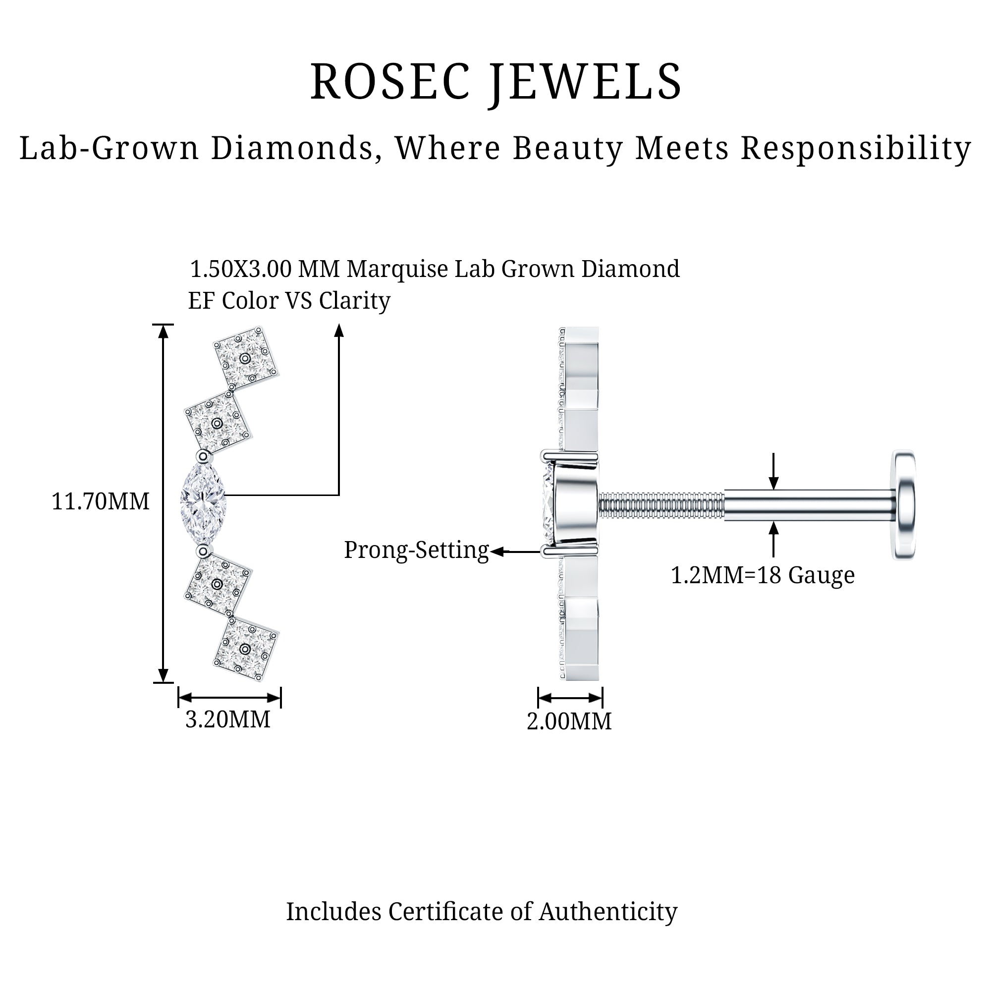Elegant Diamond Ear Crawler Earring for Helix Piercing Lab - ( EF-VS ) - Rosec Jewels