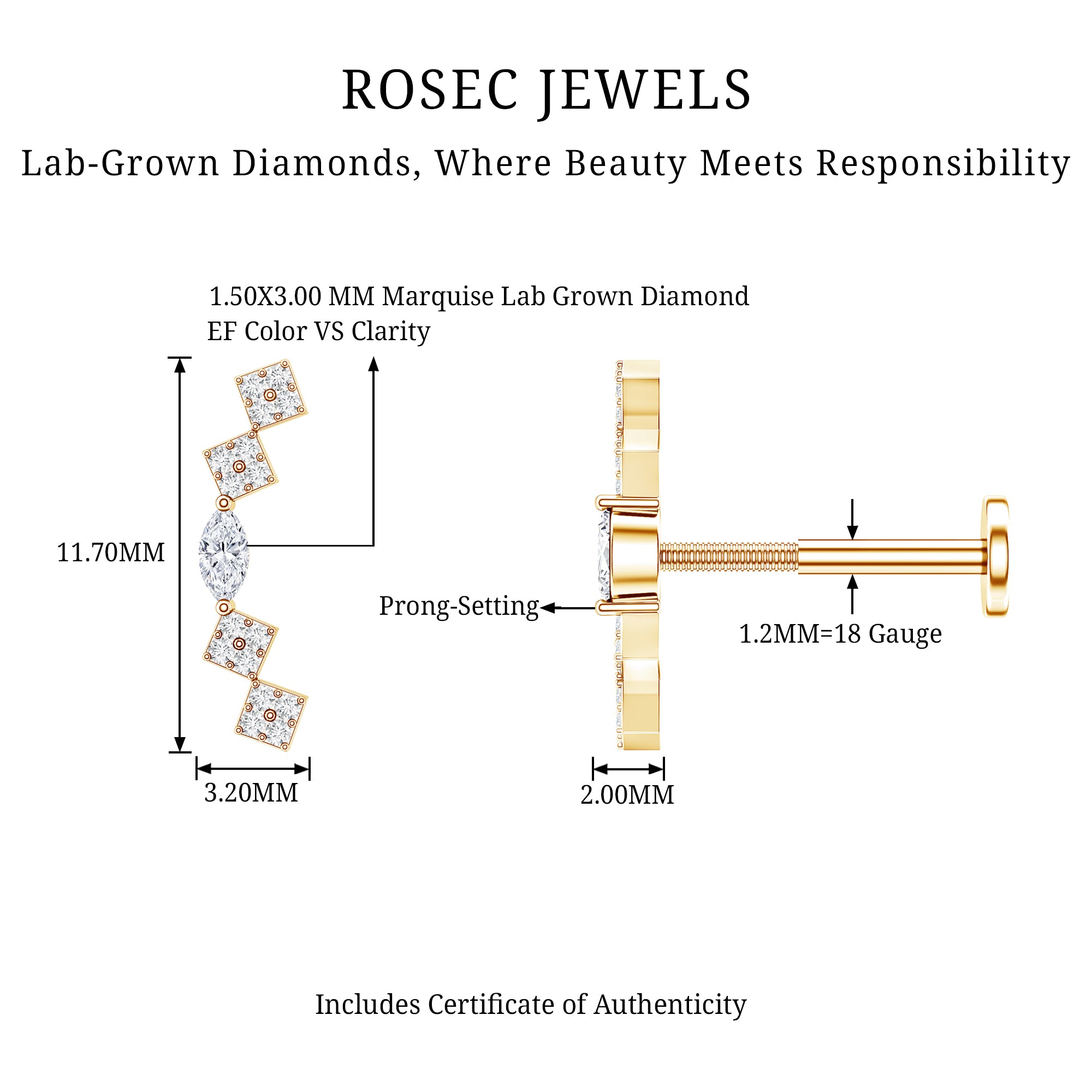 Elegant Diamond Ear Crawler Earring for Helix Piercing Lab - ( EF-VS ) - Rosec Jewels