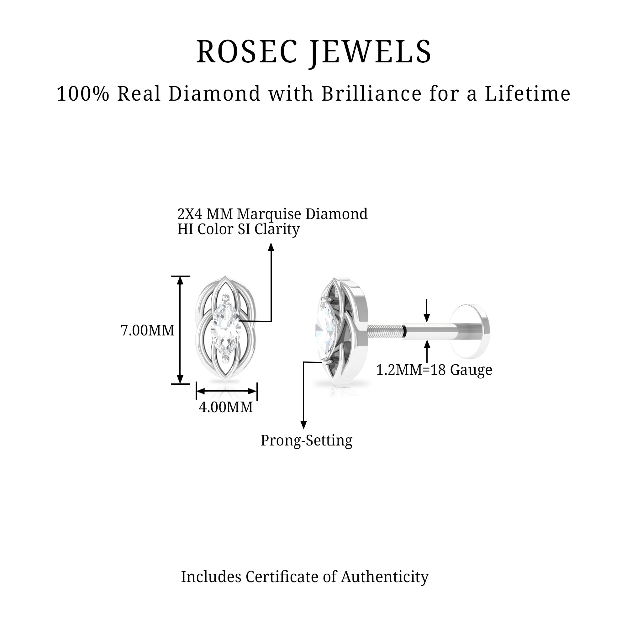 Marquise Diamond Solitaire Cartilage Earring Lab - ( EF-VS ) - Rosec Jewels