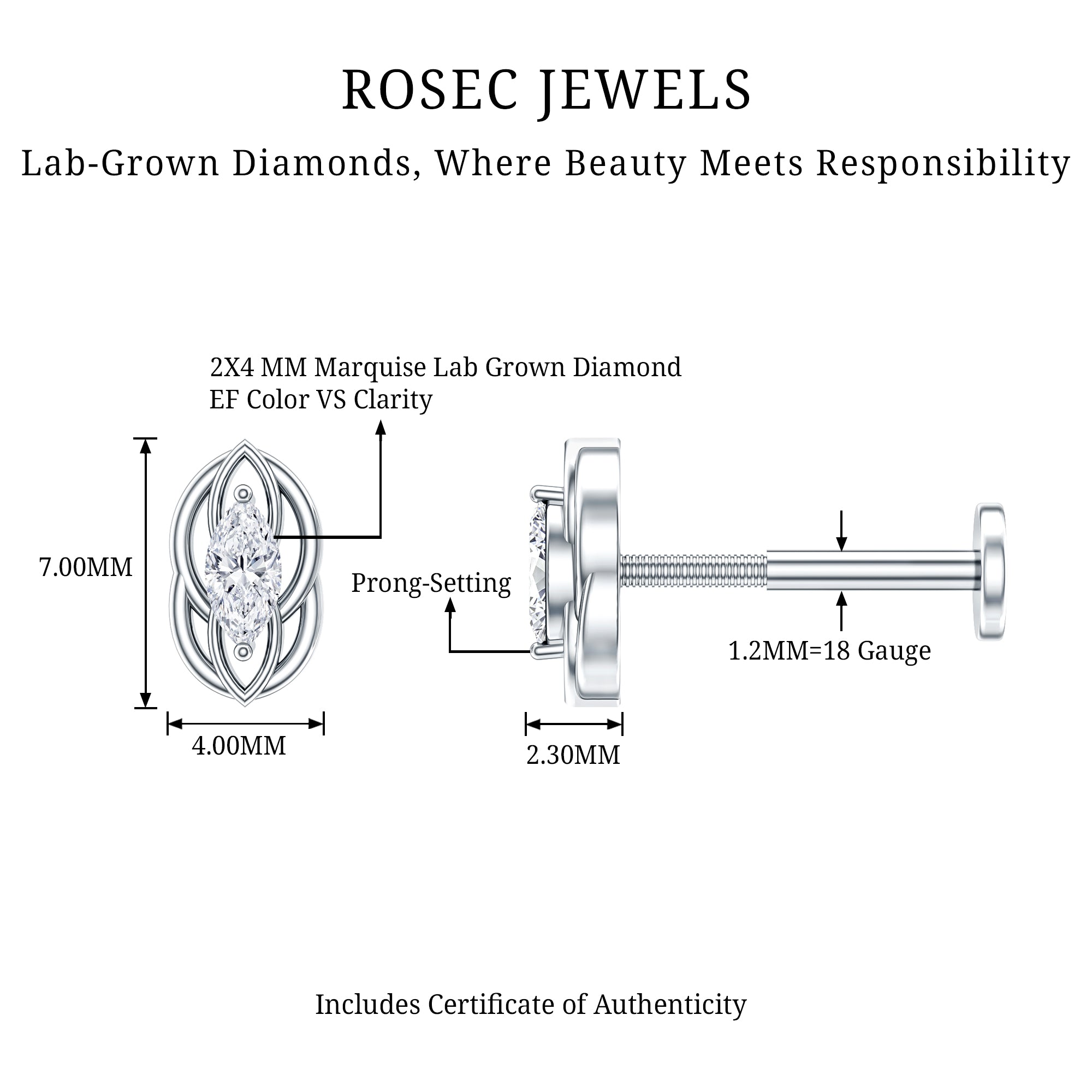 Marquise Diamond Solitaire Cartilage Earring Lab - ( EF-VS ) - Rosec Jewels