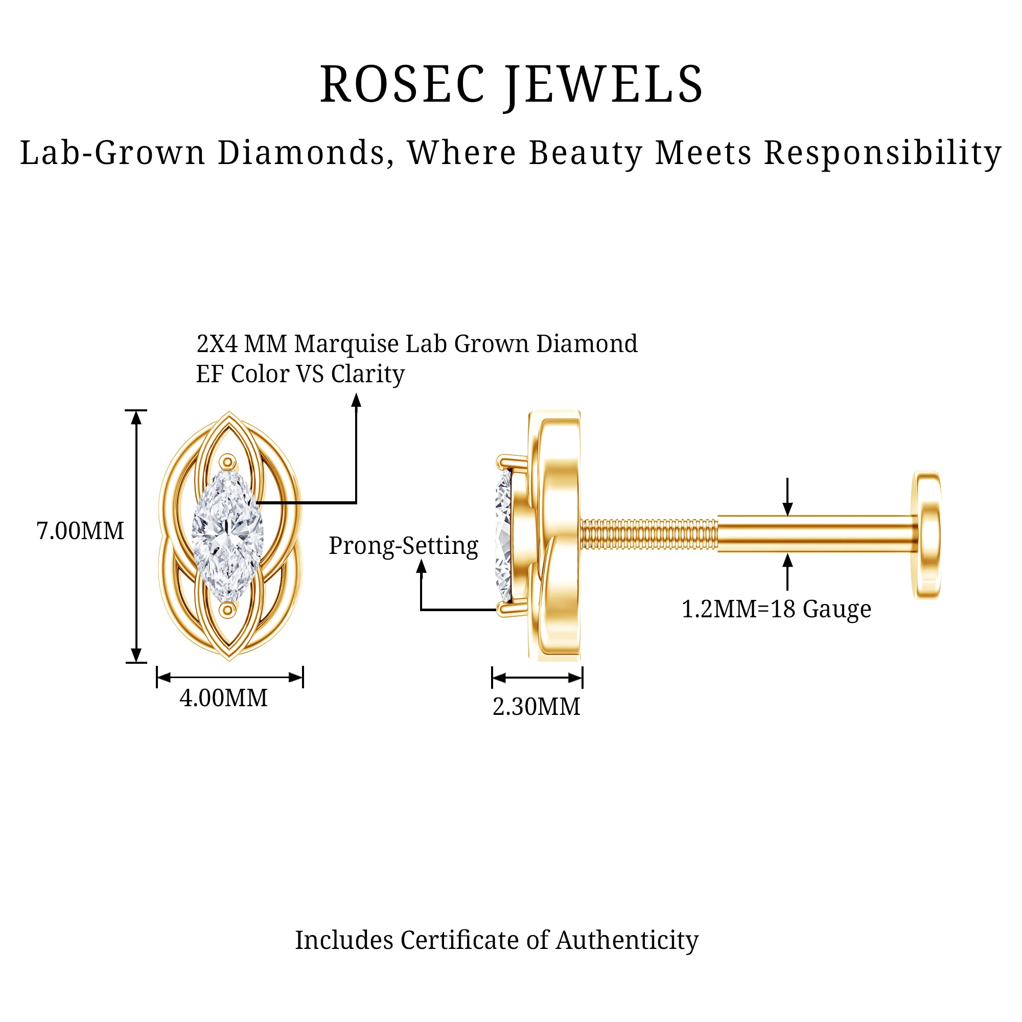 Marquise Diamond Solitaire Cartilage Earring Lab - ( EF-VS ) - Rosec Jewels