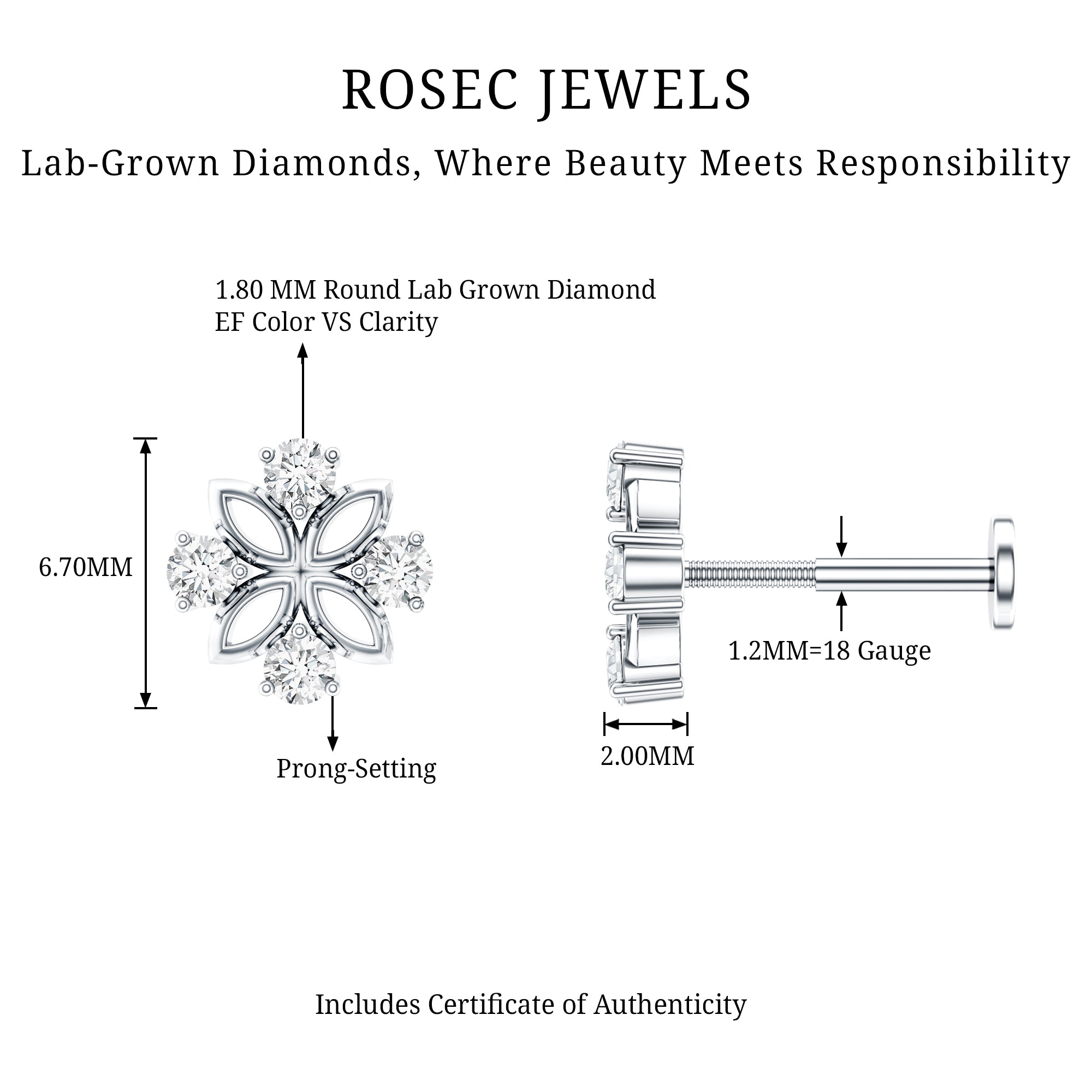 Nature Inspired Certified Diamond Flower Earring for Helix Piercing Lab - ( EF-VS ) - Rosec Jewels