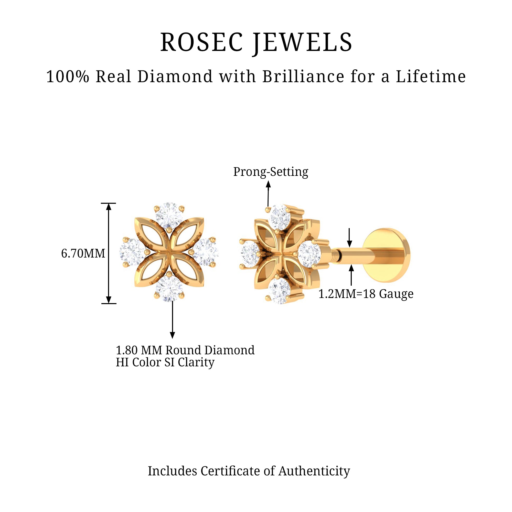 Nature Inspired Certified Diamond Flower Earring for Helix Piercing Lab - ( EF-VS ) - Rosec Jewels