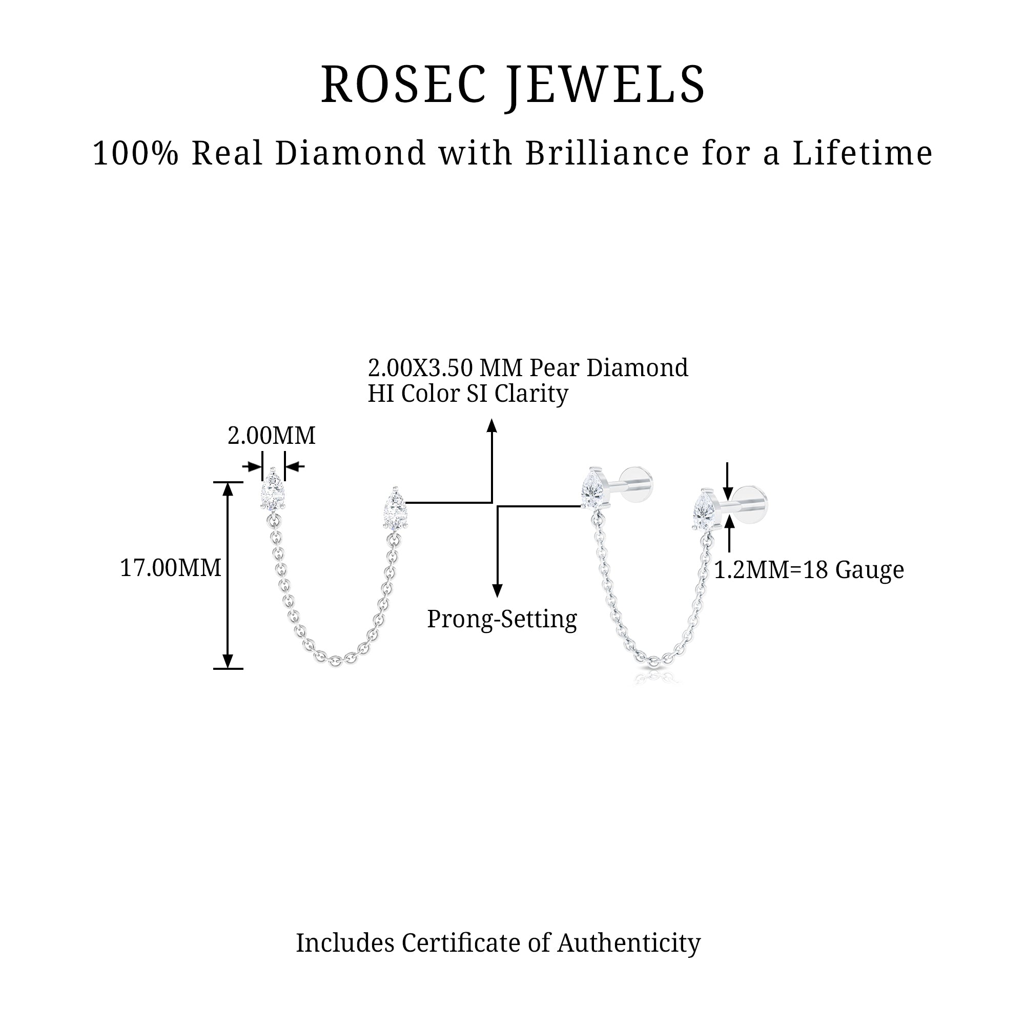Pear Shape Diamond Chain Double Piercing Earring Lab - ( EF-VS ) - Rosec Jewels