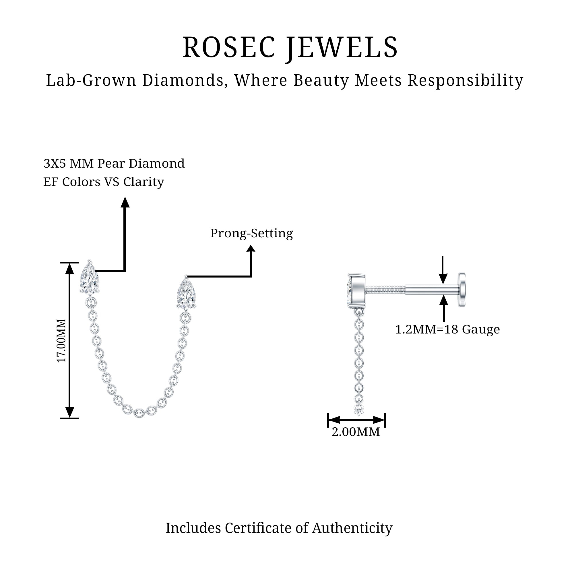 Pear Shape Diamond Chain Double Piercing Earring Lab - ( EF-VS ) - Rosec Jewels