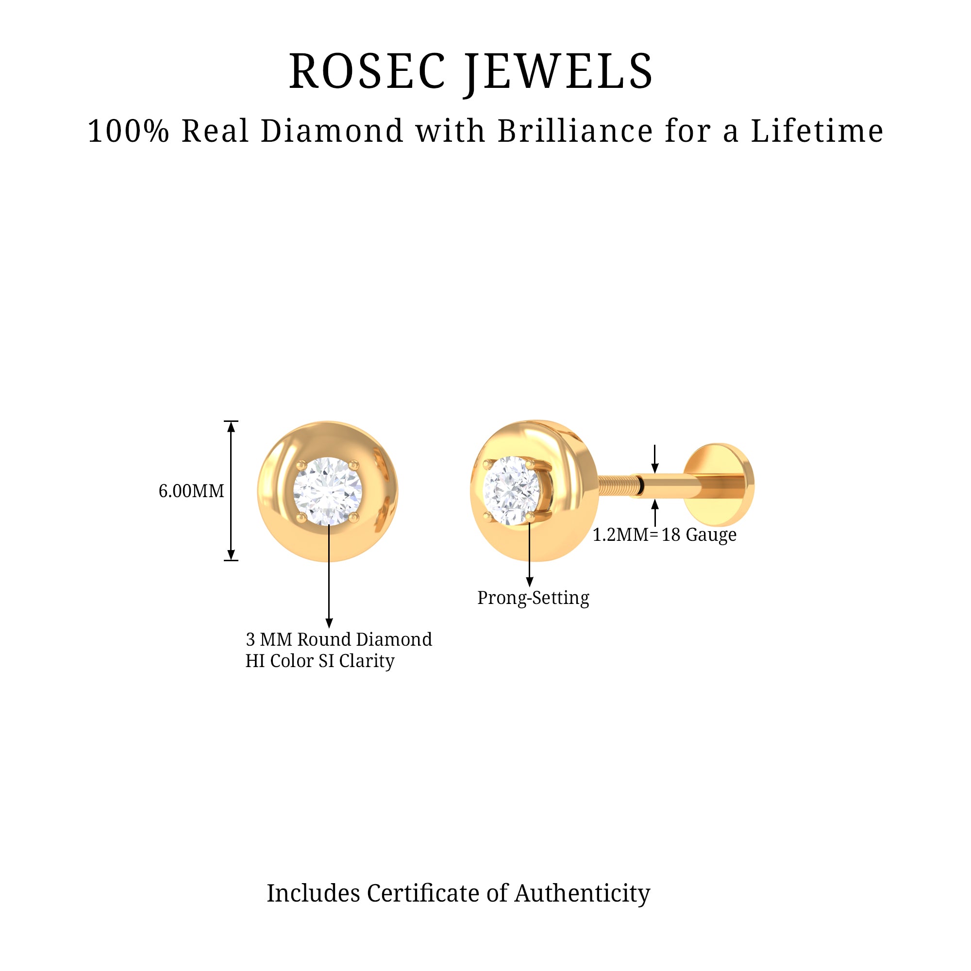 Classic Diamond Solitaire Helix Piercing Earring Lab - ( EF-VS ) - Rosec Jewels