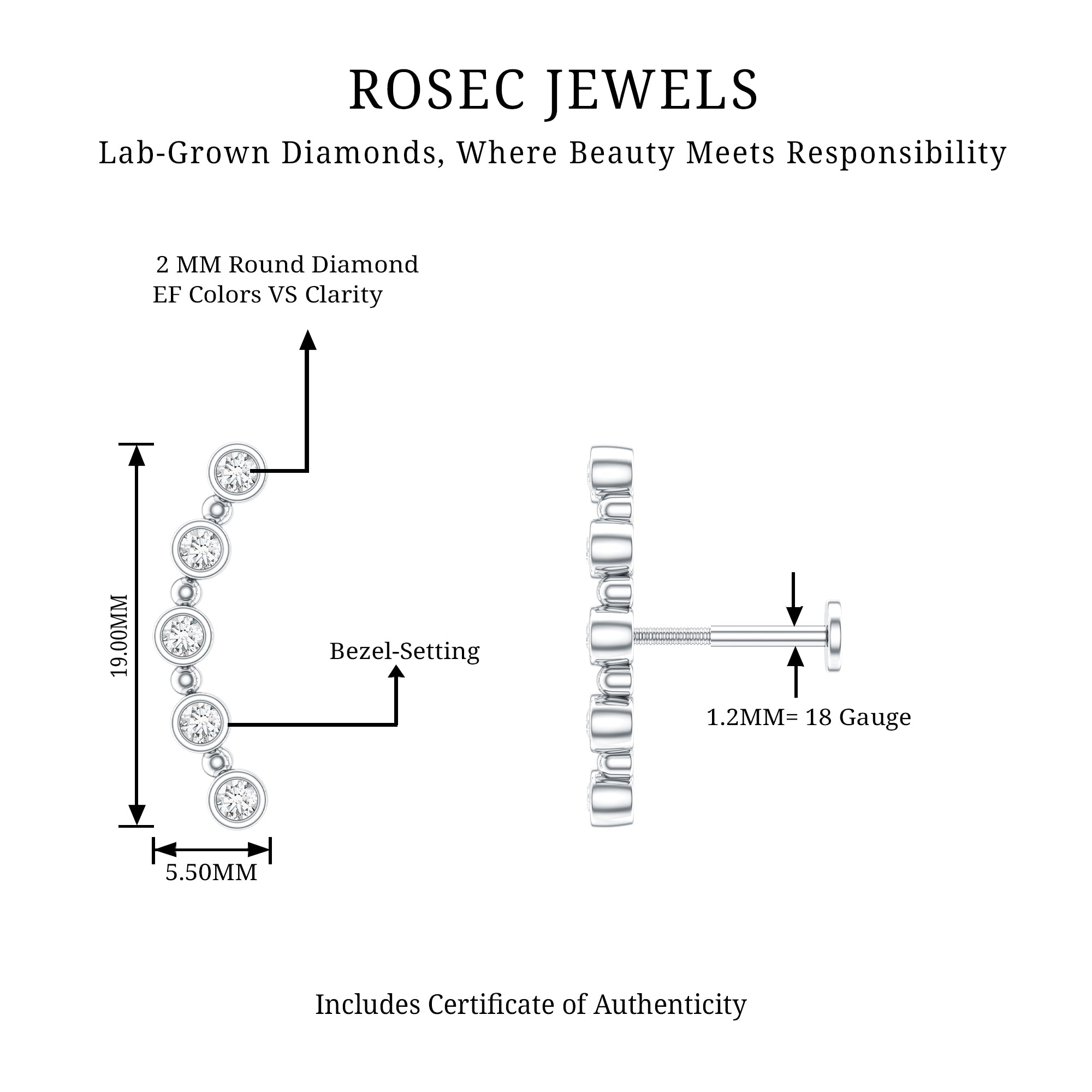 Bezel Set Diamond Crawler Earring for Cartilage Piercing Lab - ( EF-VS ) - Rosec Jewels