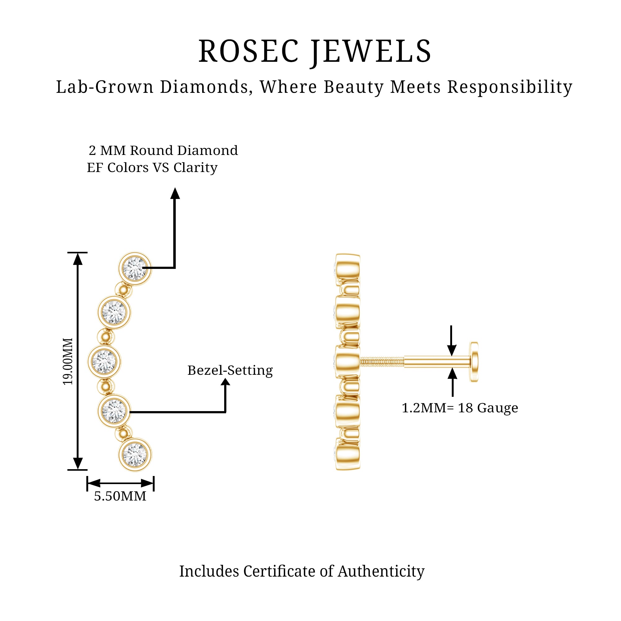 Bezel Set Diamond Crawler Earring for Cartilage Piercing Lab - ( EF-VS ) - Rosec Jewels