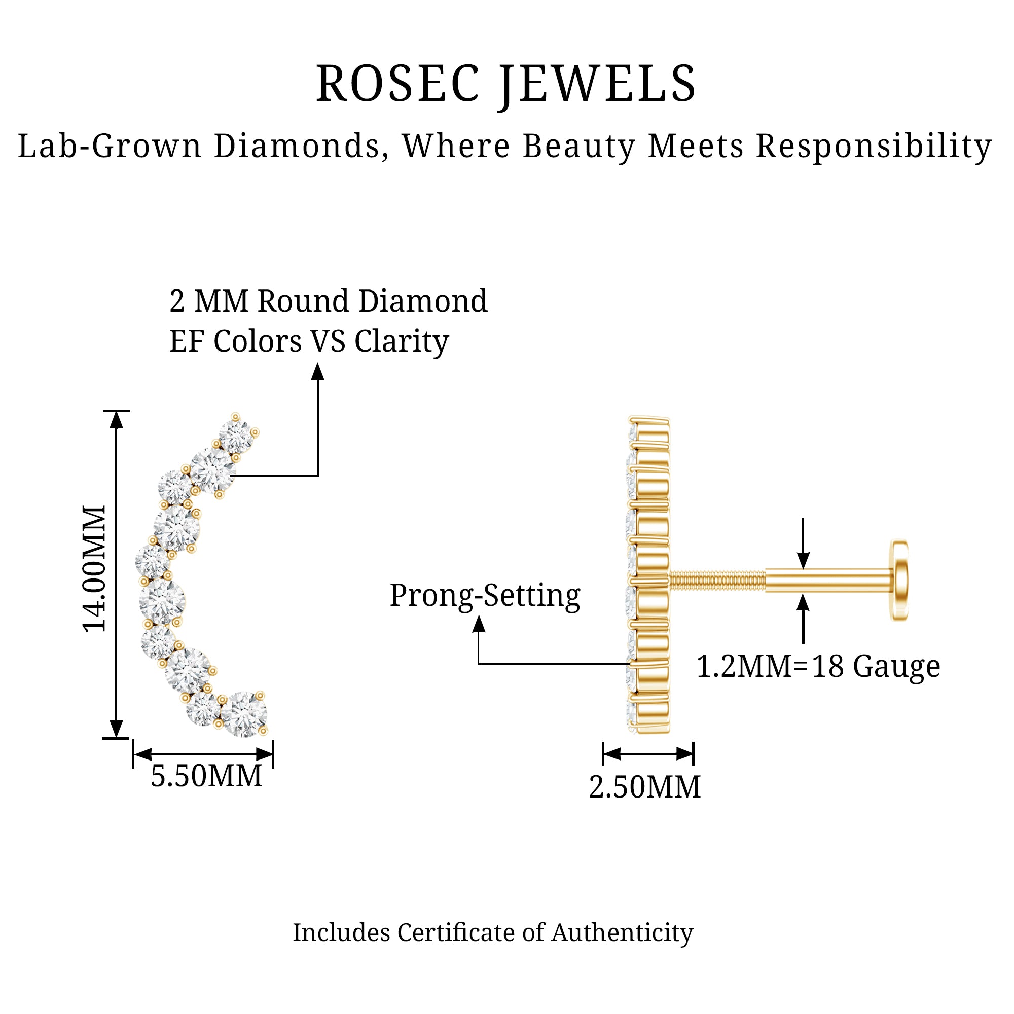 Certified Diamond Curved Crawler Earring for Women Lab - ( EF-VS ) - Rosec Jewels